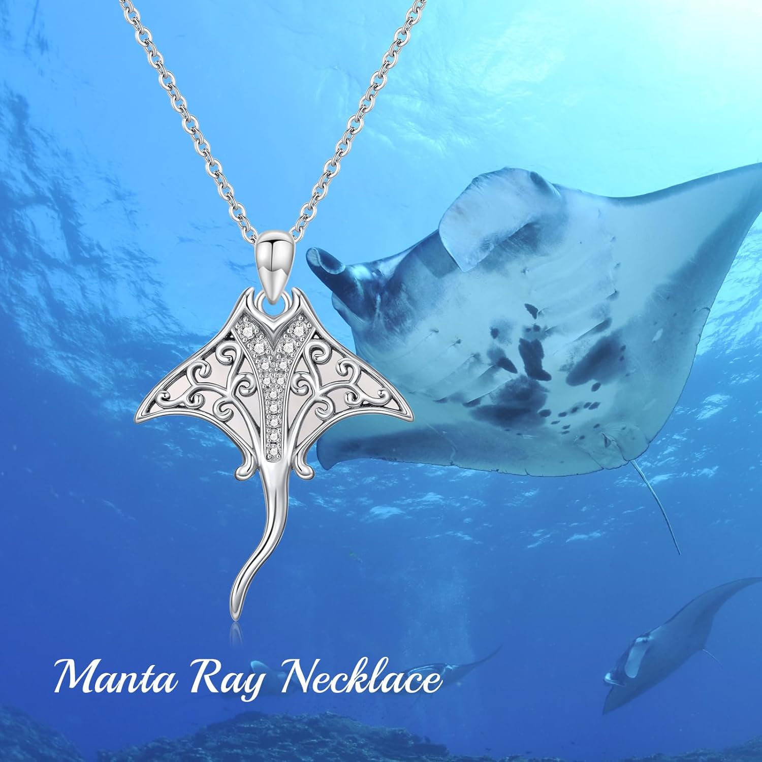 URONE Ocean Animal Necklace 925 Sterling Silver Manta Ray/Shark/Seahorse/Whale/Turtle/Mermaid Pendant Necklace Ocean Jewelry Gifts for Women - Image 6
