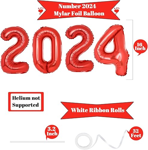 Miniatura 4 de PIGETALE Globos rojos de feliz año nuevo, números de globos rojos de 16 pulgadas, globos de letras de Año Nuevo, decoraciones de Año Nuevo 2024,