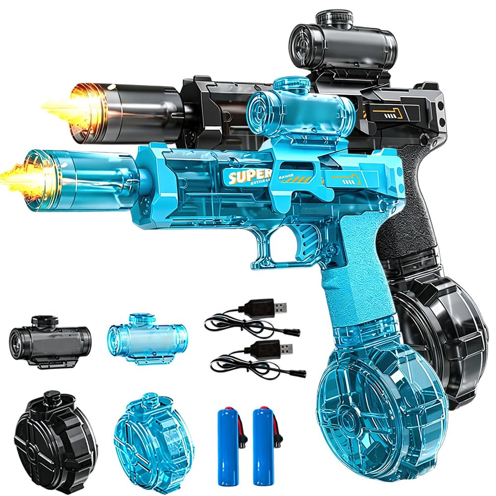 2PCS Electric Water Gun, Automatic Water Gun Pistols for Kids Adults, Long Range Motorized Water Guns with Led Lights, Summer Outdoor Pool Beach Party Toys, Dual Batteries (Black&Blue)