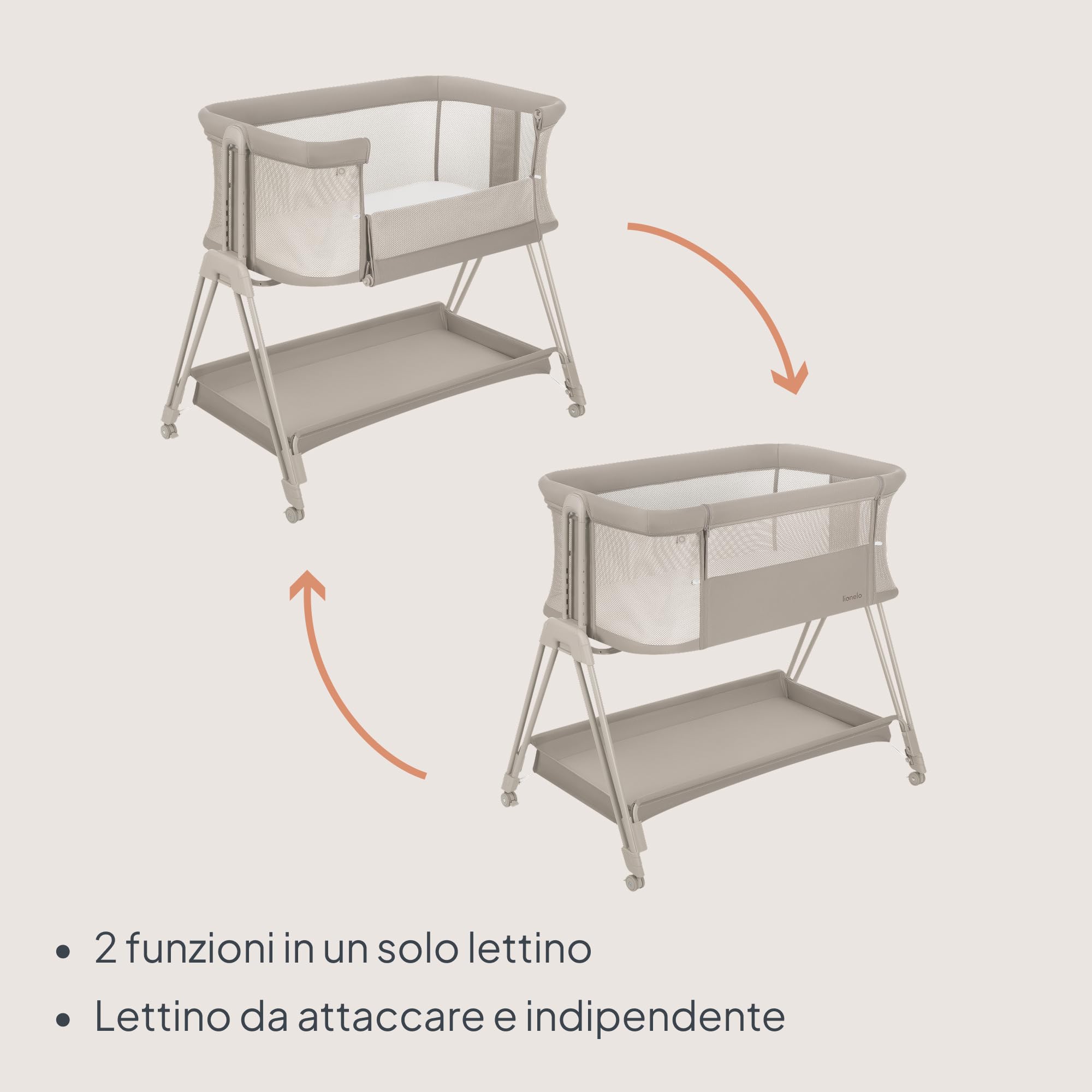lionelo LUNA lettino portatile con materasso, co-sleeping, da neonato a 9kg, altezza e inclinazione regolabili, 4 ruote con blocco, fissaggio al letto dei genitori, arioso lettino da affiancare