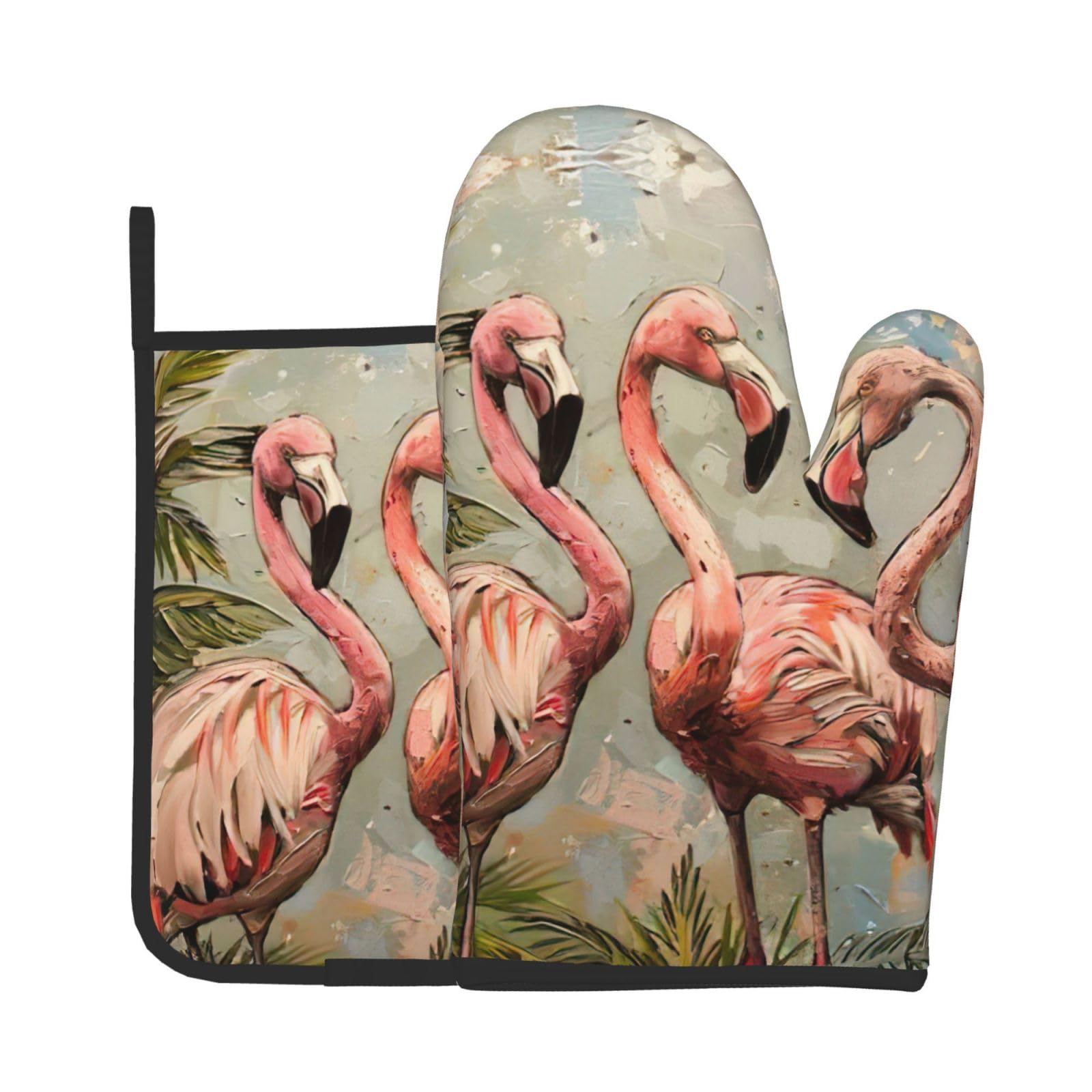 Four Flamingos Kitchen Baking Two-Piece Set,Multipurpose Oven Gloves,Used for Barbecue Kitchen Baking