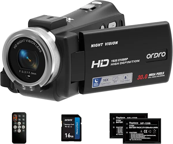 ORDRO Camcorders HDV-V12 HD 1080P Video Camera Recorder Infrared Night Vision Camera Camcorders with 16G Memory Card and 2 Batteries