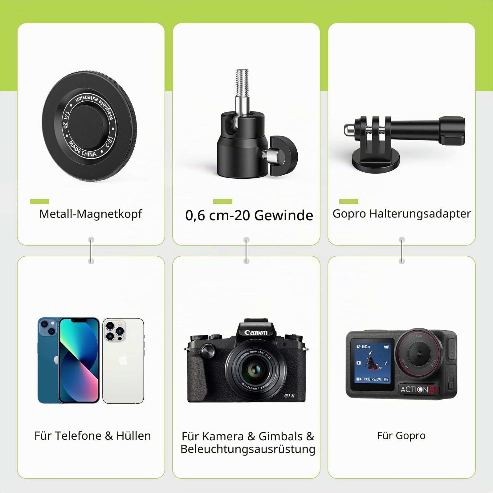 Einbeinstativ und Stativ Selfie-Stick zum Aufnehmen von Golf-Schwungtrainingshilfen mit Bodenspitzeinsatz & Adapter für Gopro & 1/4"-Schraube, Magnetischer Golf-Handyhalter kompatibel mit iPhone