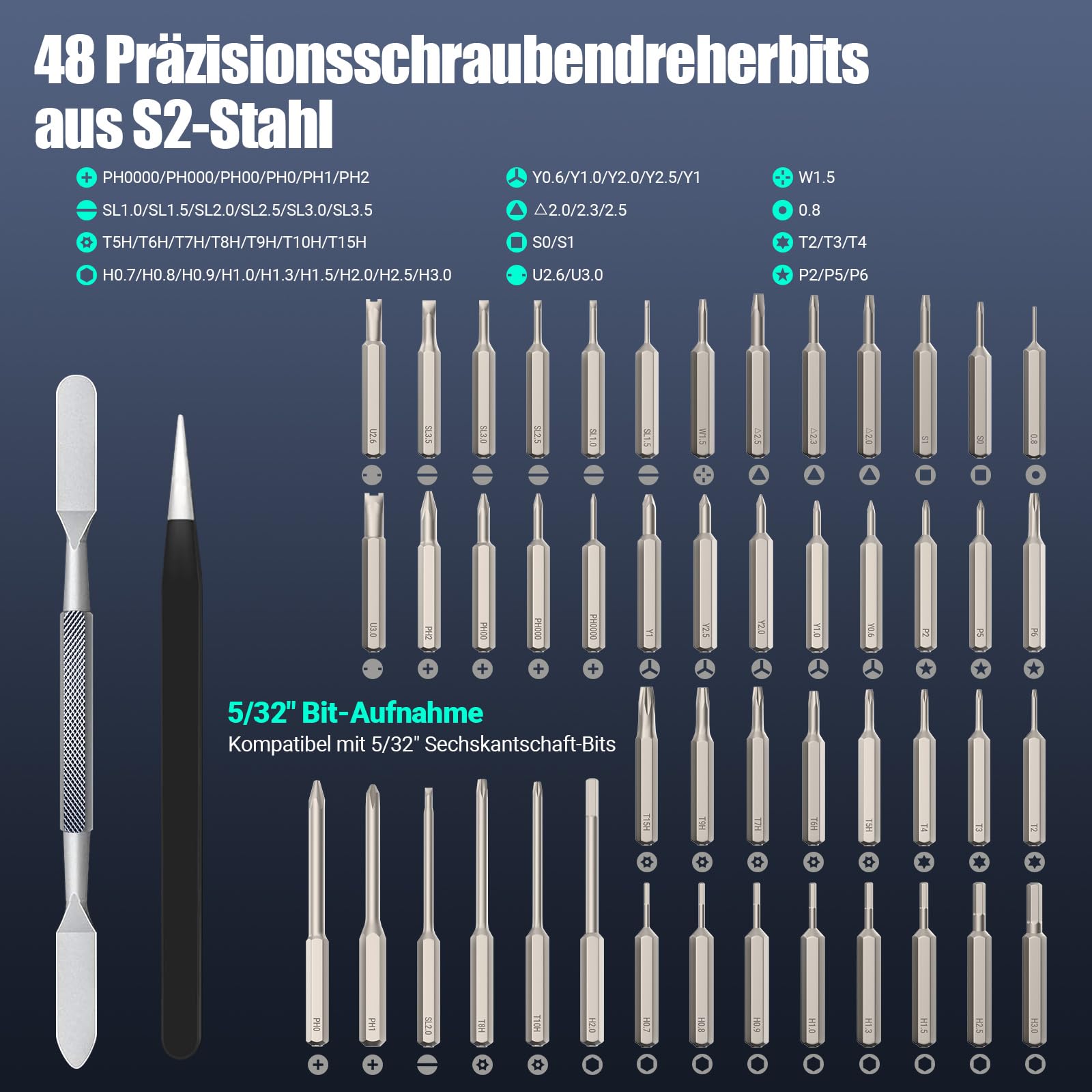 Elektrischer Präzisionsschraubendreher, Schraubendreher Set mit 48 S2 Bits | 48 S2-Bits · 4 Drehmomentstufen bis 0,35 N·m · Manuell bis 5 N·m · Magnetisches Push-to-Pop-Bitmagazin · USB-C