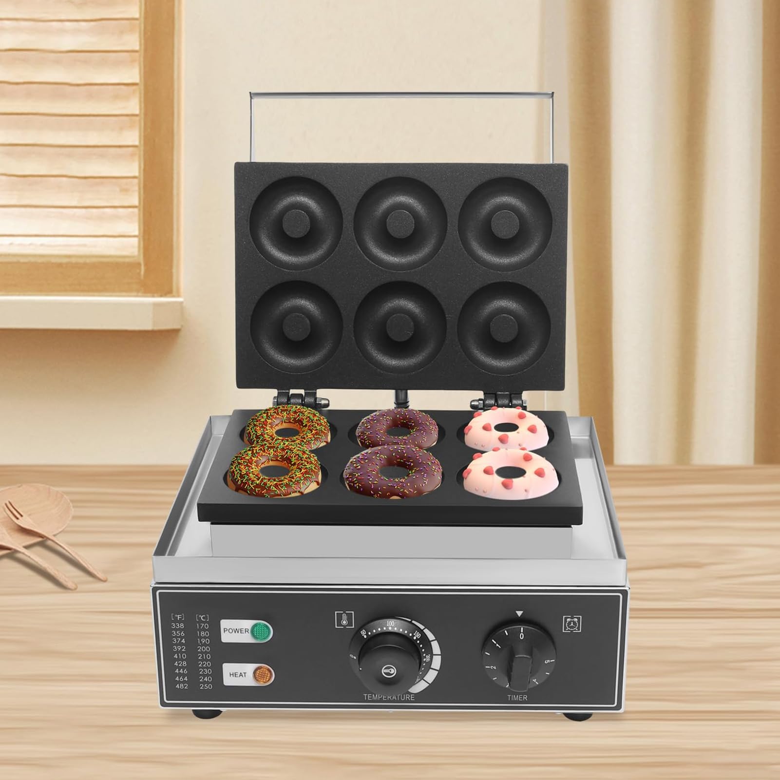 Kommerzieller Donut-Maker, 6 Löcher, doppelseitige Heizung, antihaftbeschichtet, elektrische Donut-Maschine für Küche, Dessertladen