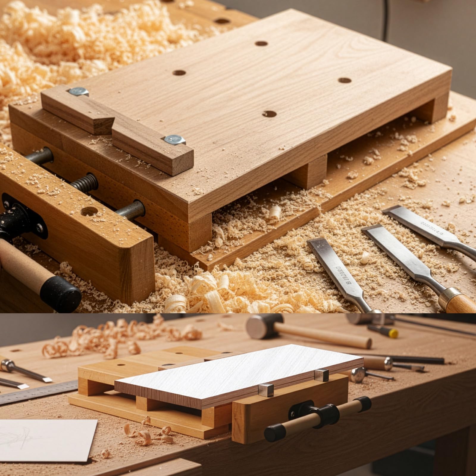 Tragbarer Tischschraubstock, Mini-Werkbank aus Buchenholz mit verstellbaren Spannbacken, mobiler Tischschraubstock 45 x 35 x 7 cm zum Hobeln und Spannen