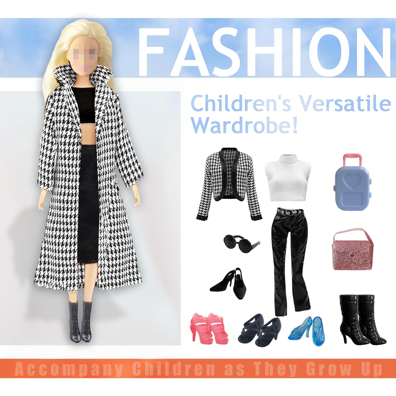 Doll Clothes Compatible with Barbie Clothes, Including 6 Fashion Sets, 1 Handbag, 1 Suitcase, 1 Glasses - Image 2