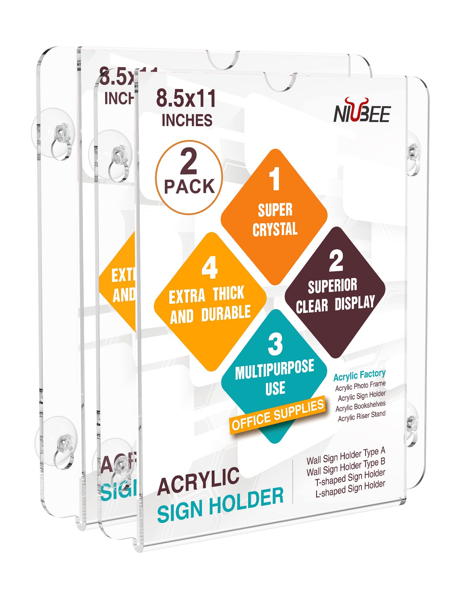 NIUBEEAcrylic Window Sign Holder 8.5×11 Inch with 4 Suction Cups for Glass Window Wall Mount, Advertise Display Office Store Promotion Picture Frame for Mall, Office, Home, Restaurant (4 Pack)