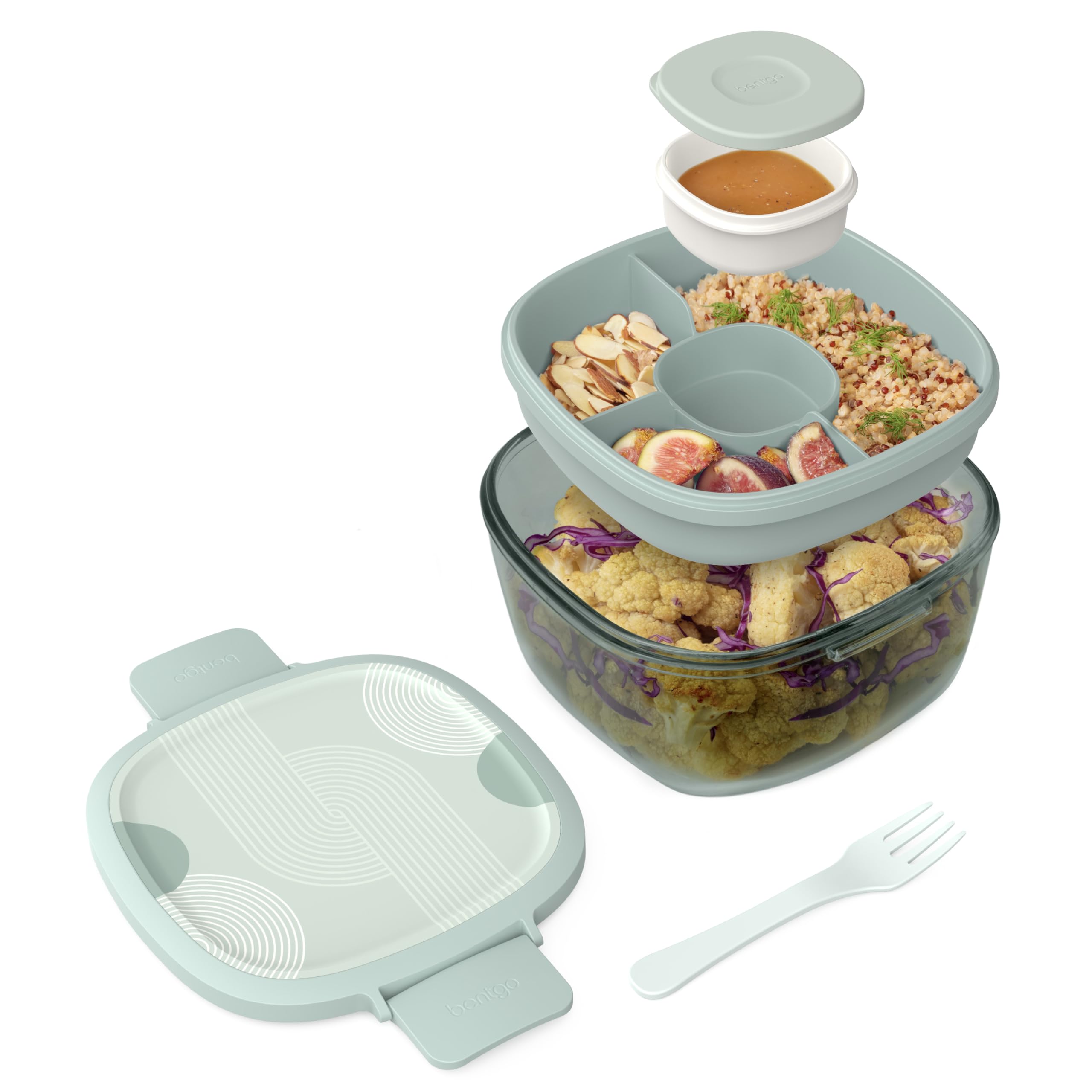 Glass Salad Container, 7.6-Cup, 4-Compartment Tray, Reusable Fork