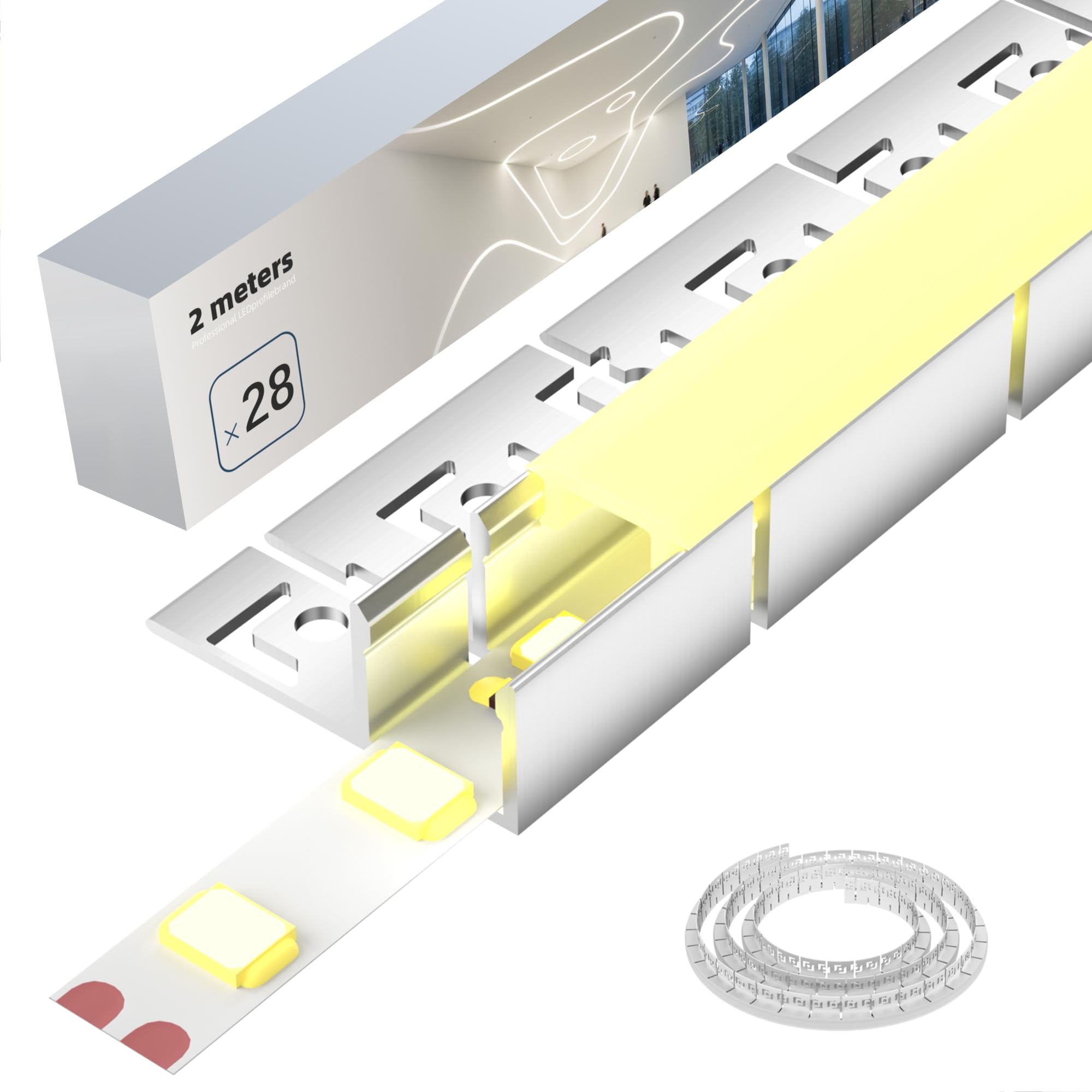 Profil do płytek LED, elastyczny, 2 m × 28 – giętki profil aluminiowy LED, do montażu na sucho, profil podtynkowy 40 x 12,5 mm, do taśm do 15 mm – profil montażowy do sufitu i ściany, krzywizny