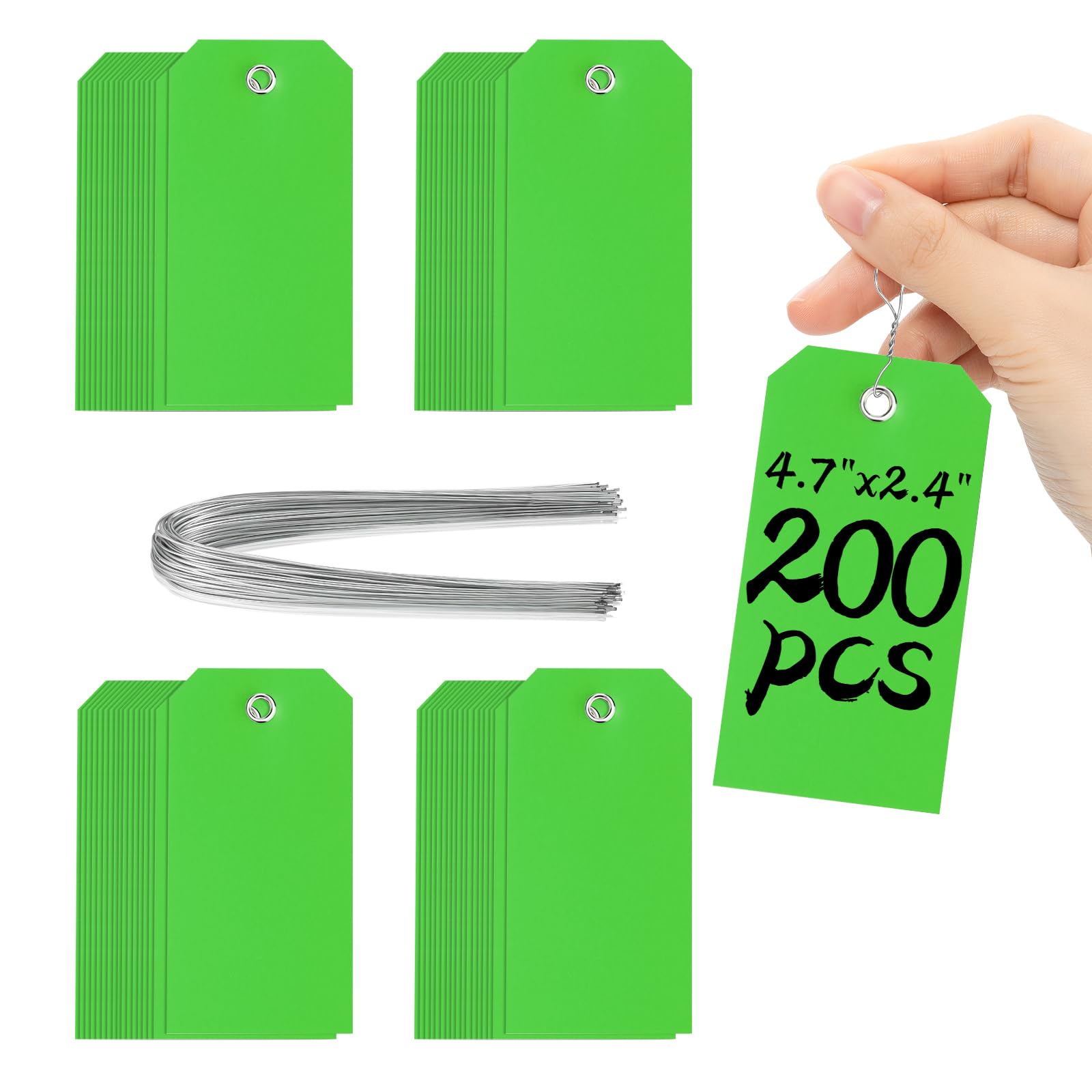 - XUWAIDSGN 200 Pieces 4 3/4" x 2 3/8" Green Plastic Shipping Tags with Wire - Durable, Waterproof, Writable for Inventory, Luggage, Garage, Parts