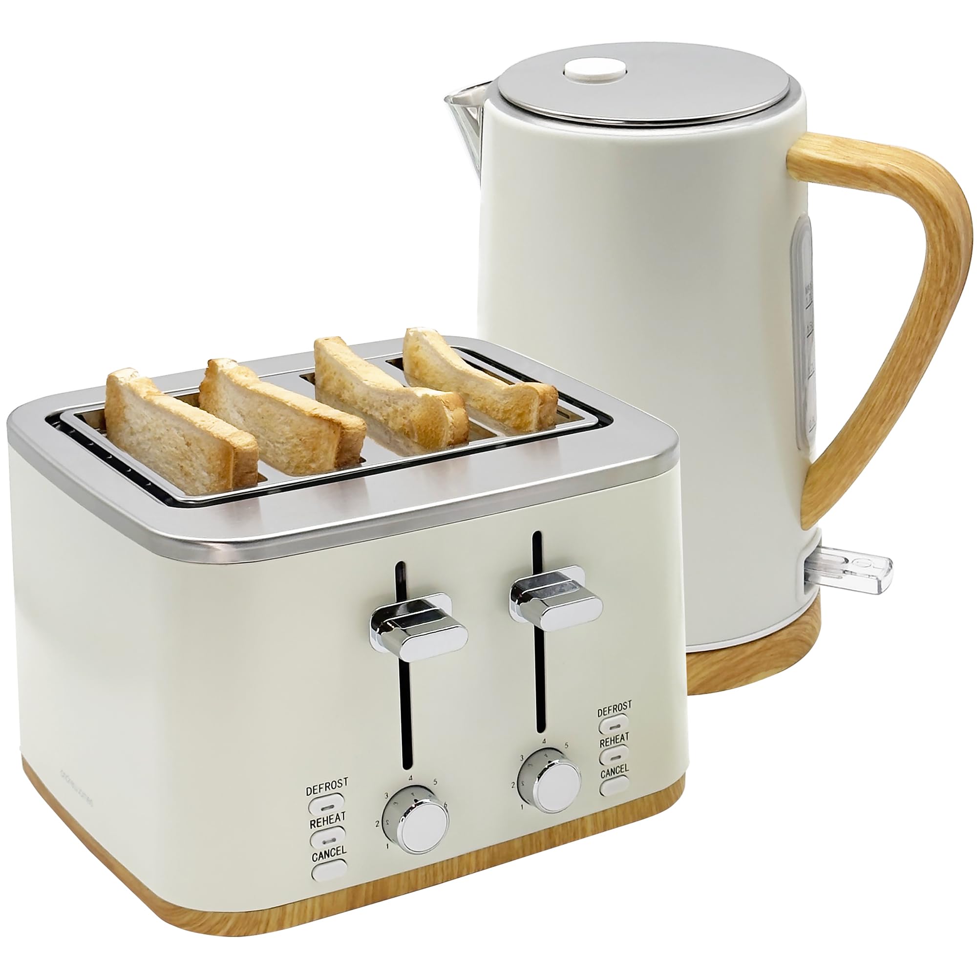 Andrew James Kettle and 4 Slice Toaster Set, 1.7L Rapid Boil Kettle & 4 Slice Toaster Wide Slots, Defrost & Reheat Function, Modern Matching Kitchen Set, Matt Ivory Effect with Wood Effect Handles