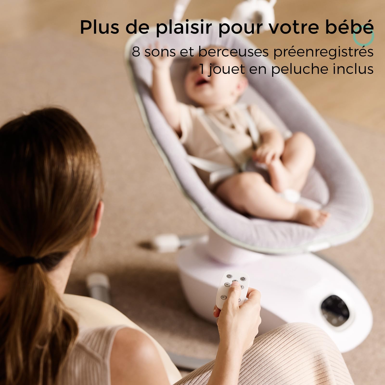 Momcozy CocoSway Balancelle Bébé Électrique, 3D-Motion, Télécommande, Gris | 6 Modes, 4 Vitesses, Siège Pivotant 180°, Transats, Balançoires, Nourrissons, Tout-petits, 5 Harnais, Berceuses