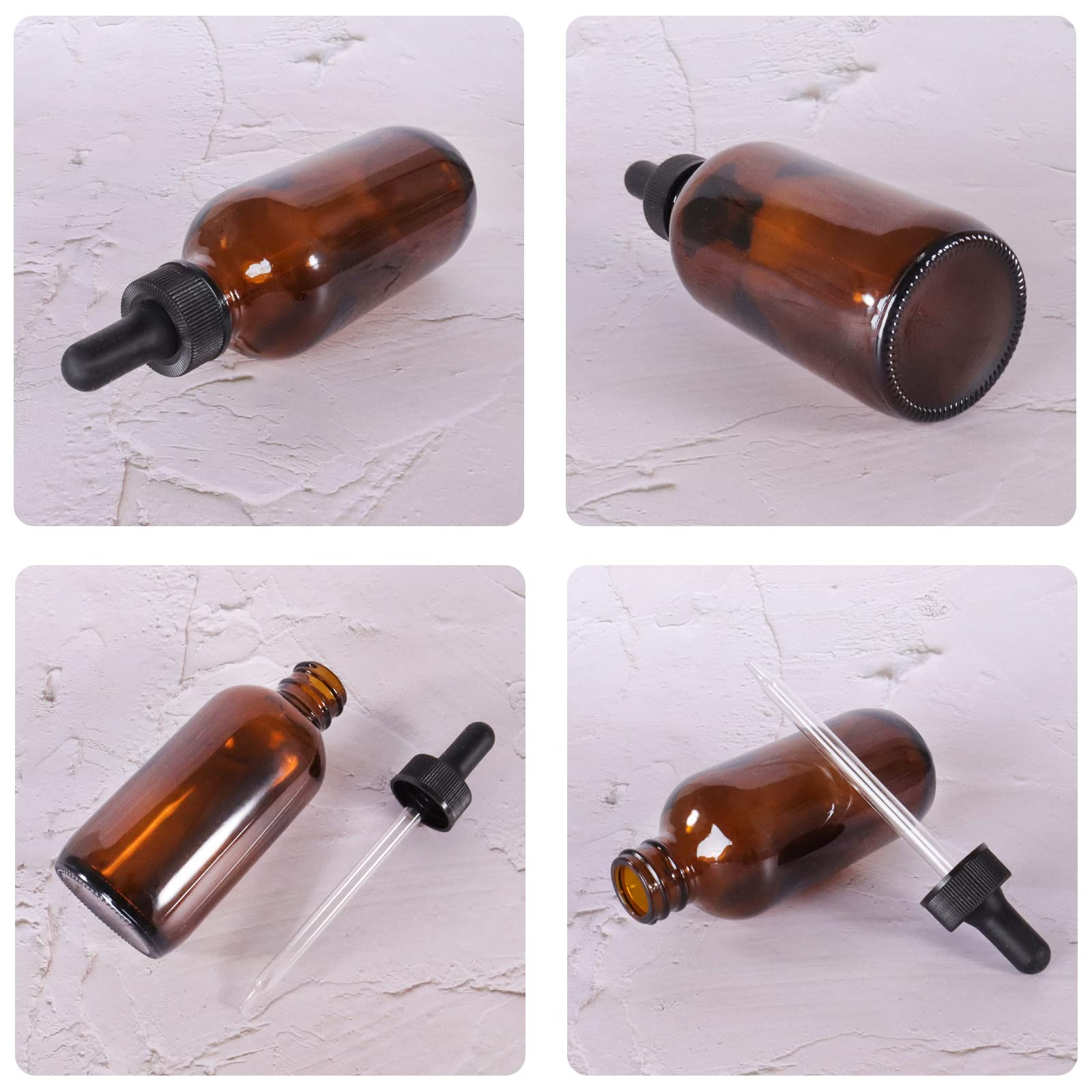 24 Stück bernsteinfarbene Glasflaschen mit Glas-Pipetten für ätherische Öle, 2 zusätzliche Tropfen, 36 Etiketten und 30 ml Messbecher im Lieferumfang enthalten)