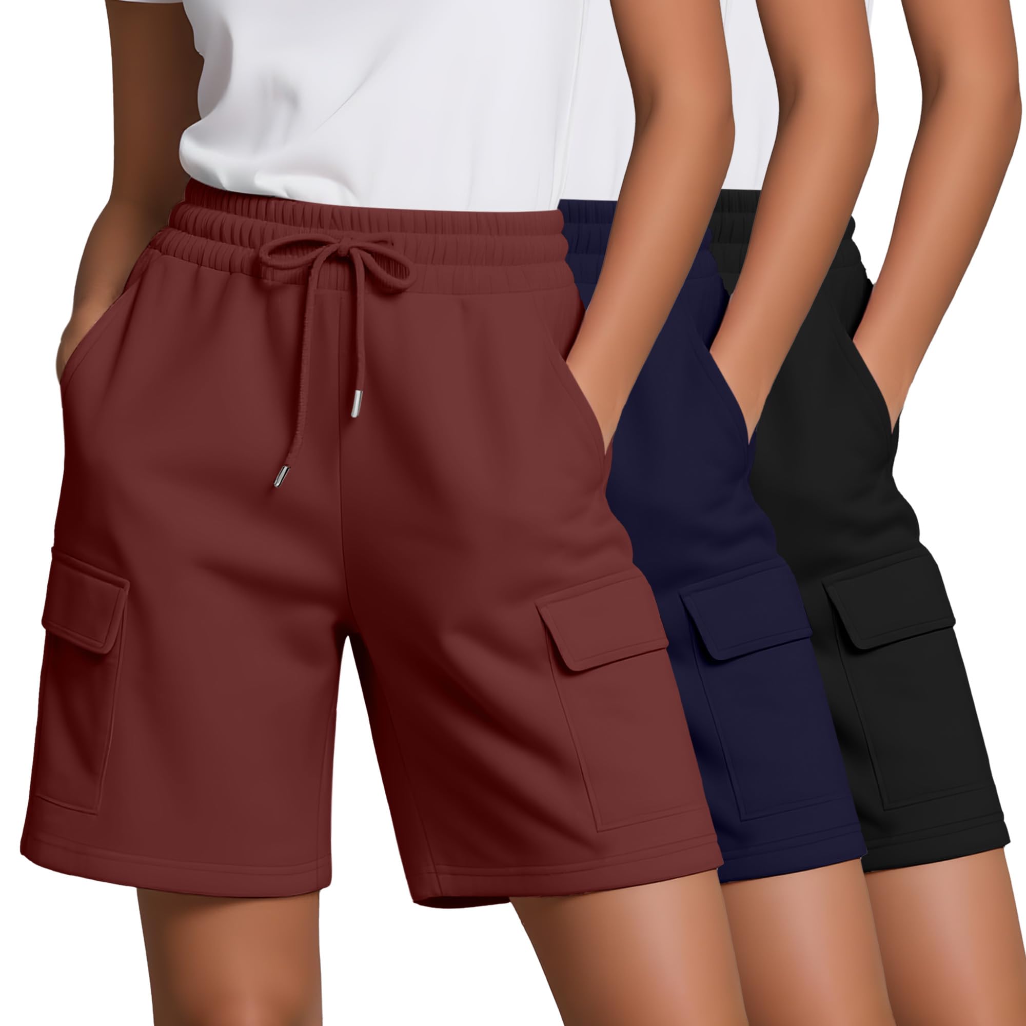 Neer Confezione da 3 bermuda da donna, lunghezza al ginocchio, con coulisse, casual, per yoga, calcio, con 4 tasche