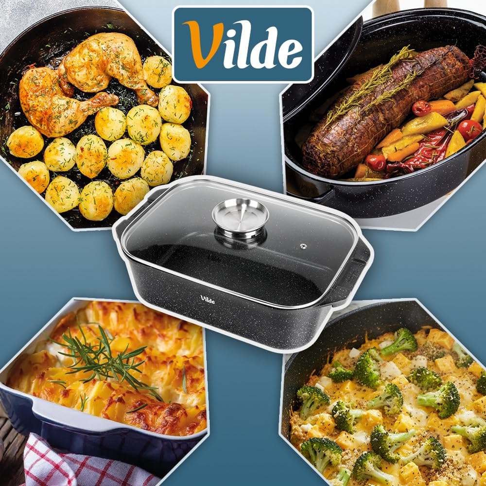 Vilde Sartén de granito con tapa, 41 x 26 x 16 cm, 7,5 L | con parrilla, revestimiento de granito, para inducción de gas y horno eléctrico