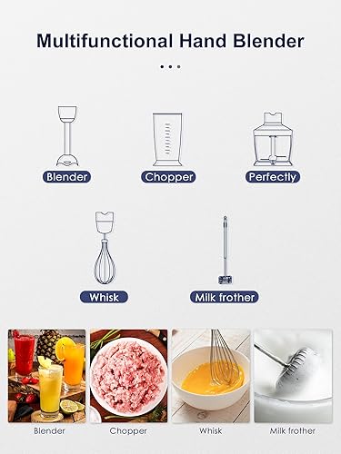 Miniatura 6 de Licuadora de inmersión de mano 5 en 1, 1000 W de mano, barra de hoja de acero inoxidable con motor de cobre, vaso de precipitados de mezcla,