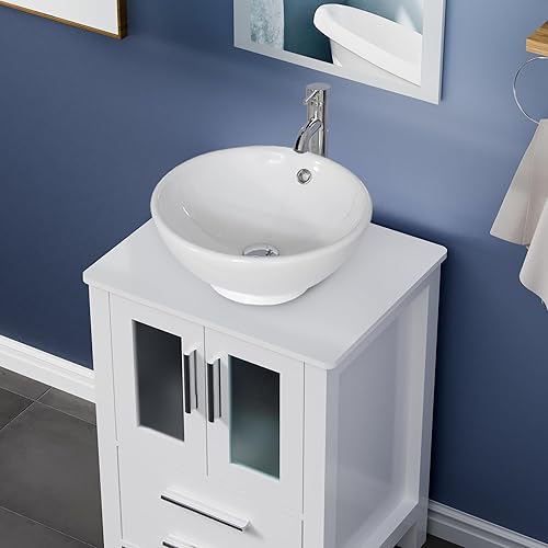 Miniatura 4 de UEV Vanidad de baño blanca de 24 piezas, lavabo redondo de cerámica blanca, parte superior de tocador de baño con juego de fregadero blanco de