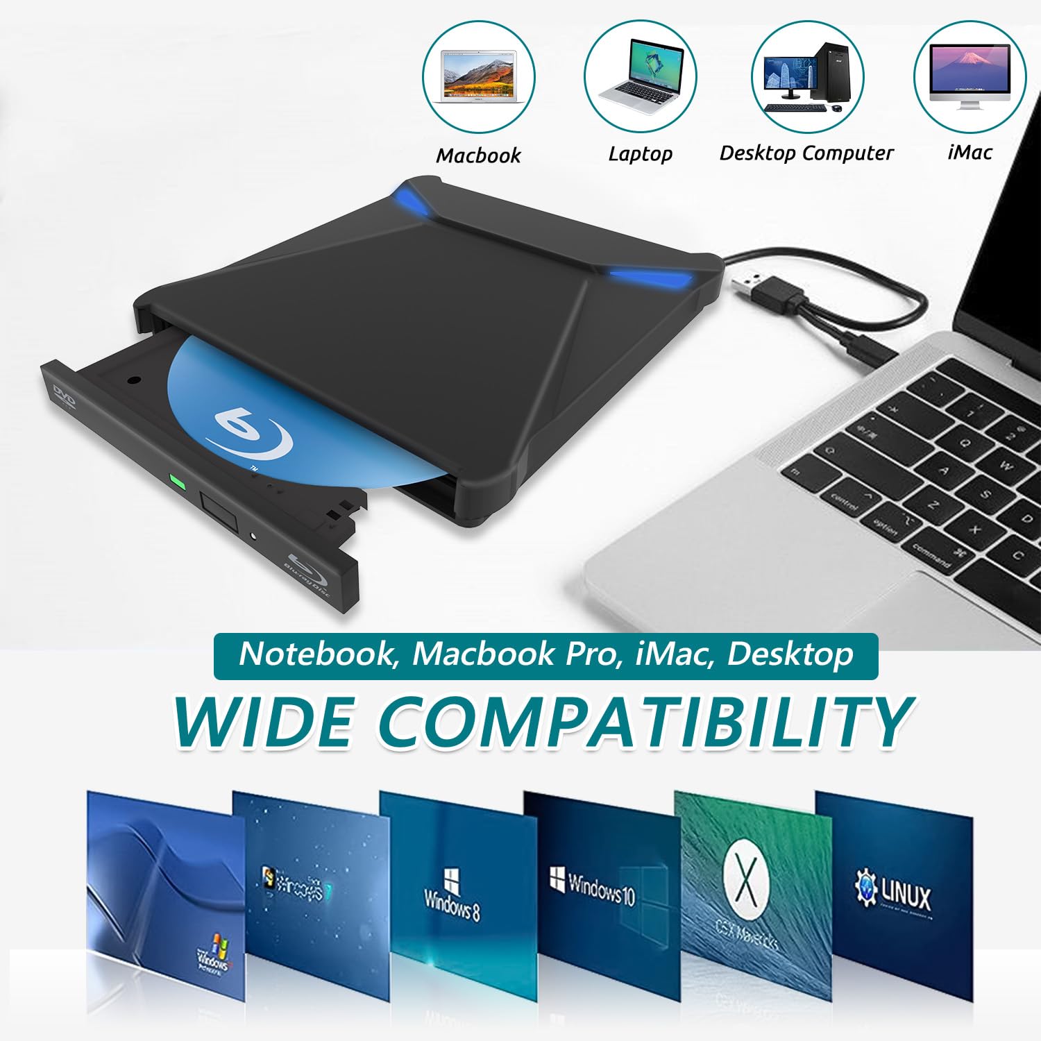 Lecteur Blu-Ray Externe, Lecteur Blu Ray Externe Portable USB 3.0 et Type-C Lecteur Blu Ray 3D BD Lecteur CD DVD Drive Player, Slim Optical Bluray Drive Reader pour Windows XP/7/8/10