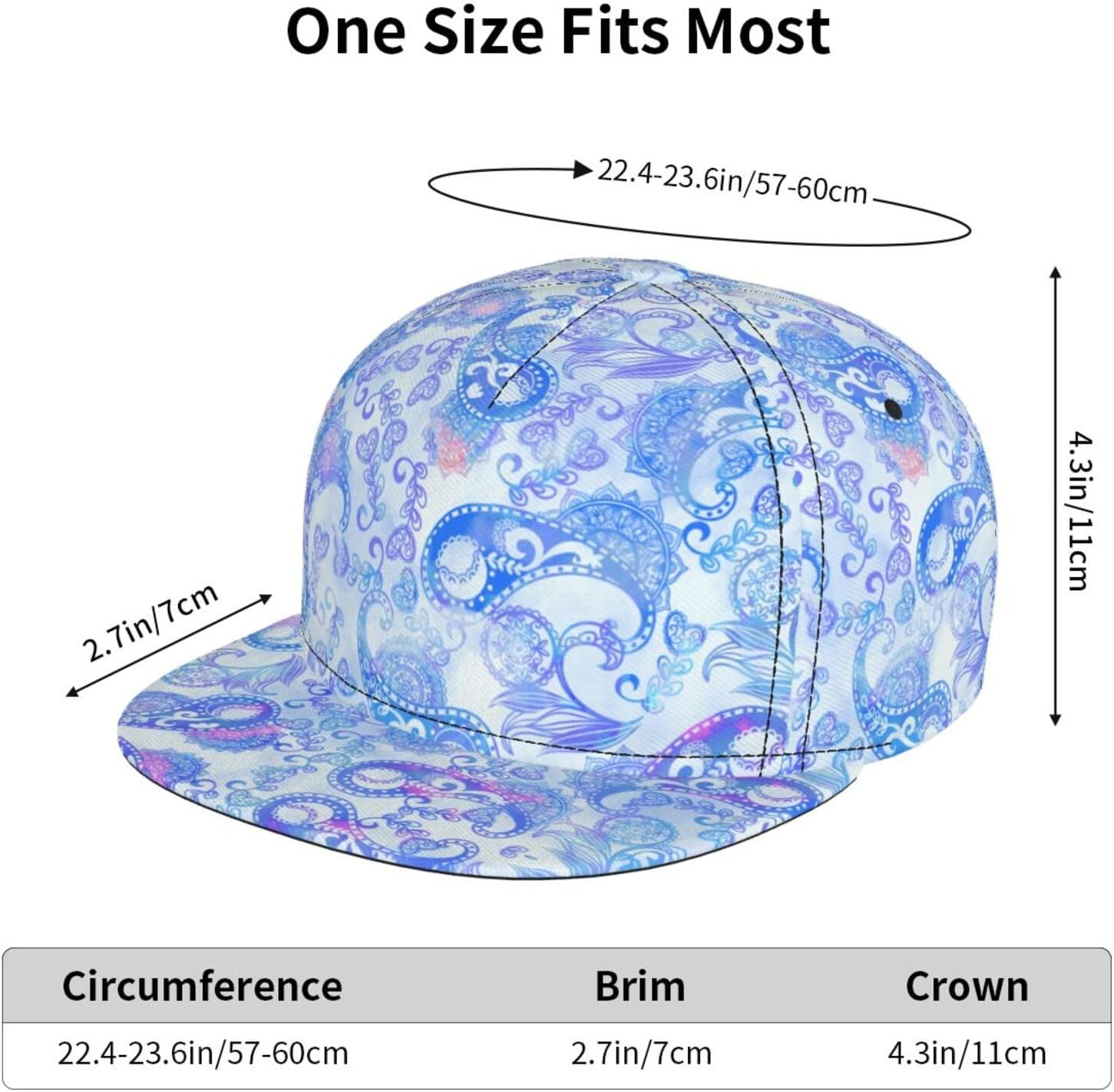 Blue Watercolor Cashew Flower Fashion Flat Brim Baseball Cap â€“ Stylish Unisex Cap with All-Over Print Design â€“ Breathable Lightweight Hat for Daily Wear, Outdoor Activities, and Travel