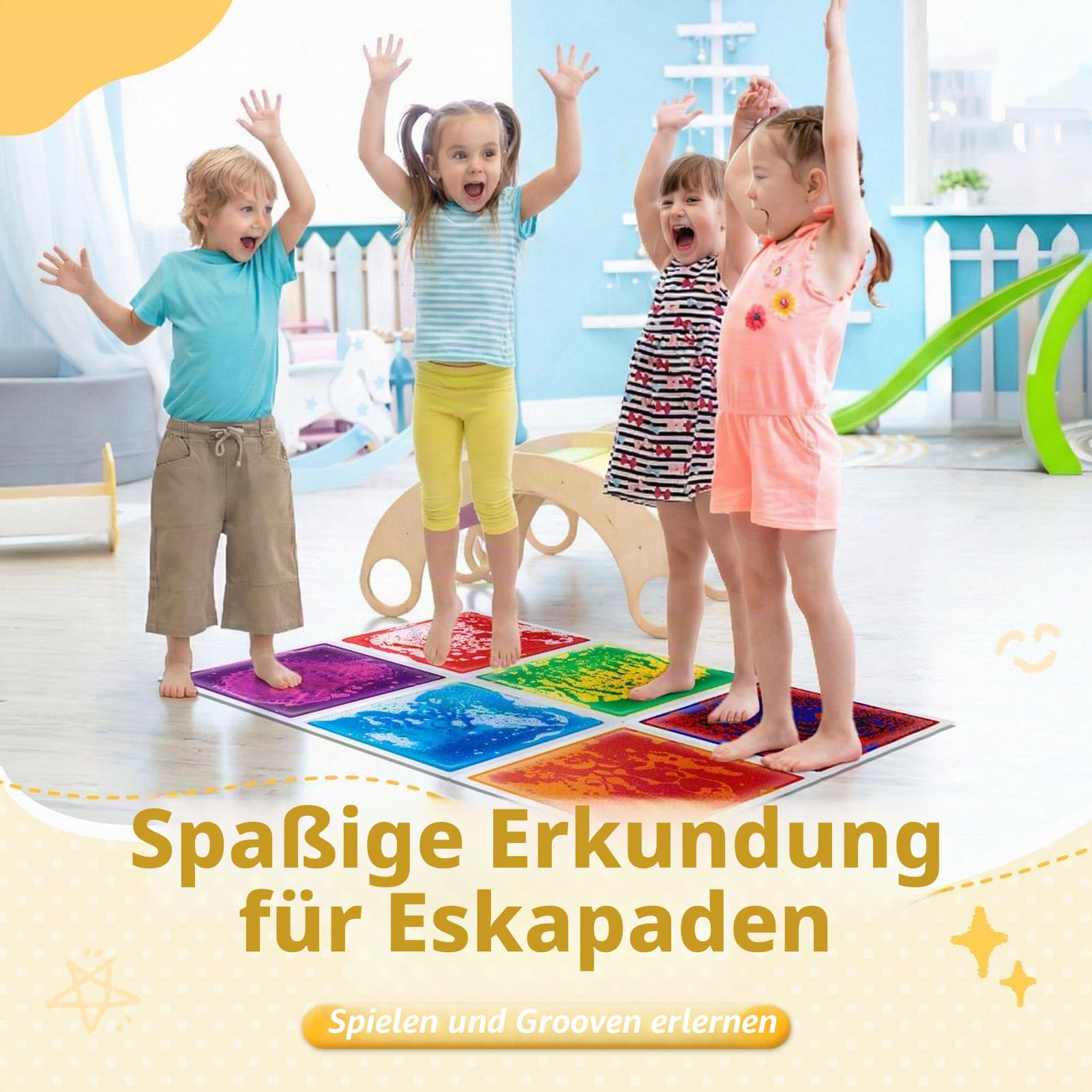 Art3d Flüssige Sensorische Bodenfliesen 30 x 30 cm Spielzimmer Tanzfläche Quadratisch Bunt 6 Fliesen