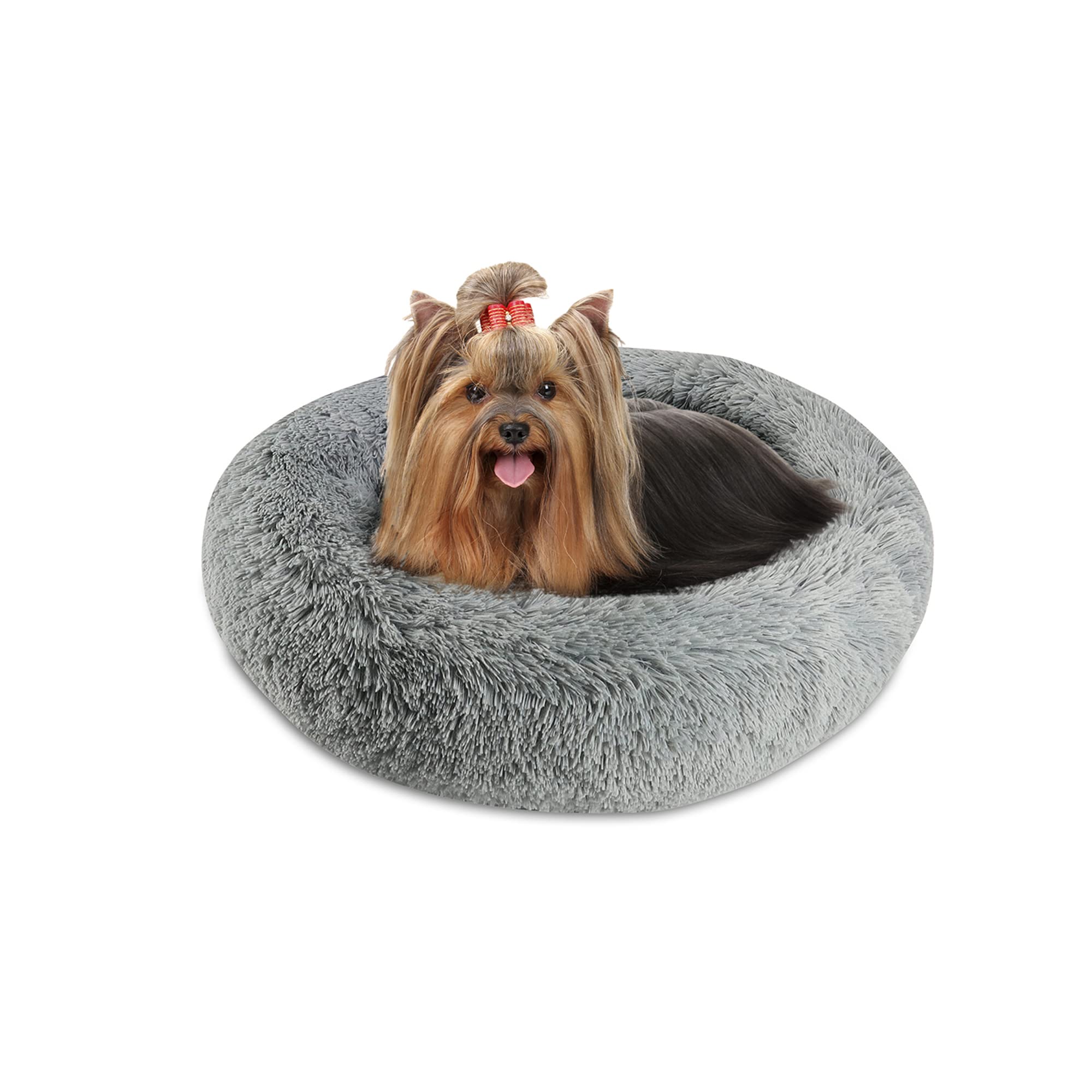 Arlee Donut Round Pet Dog Bed - Memory Foam - Calming Reduce Anxiety - Shaggy Vegan Fur - Assembled USA, Charcoal