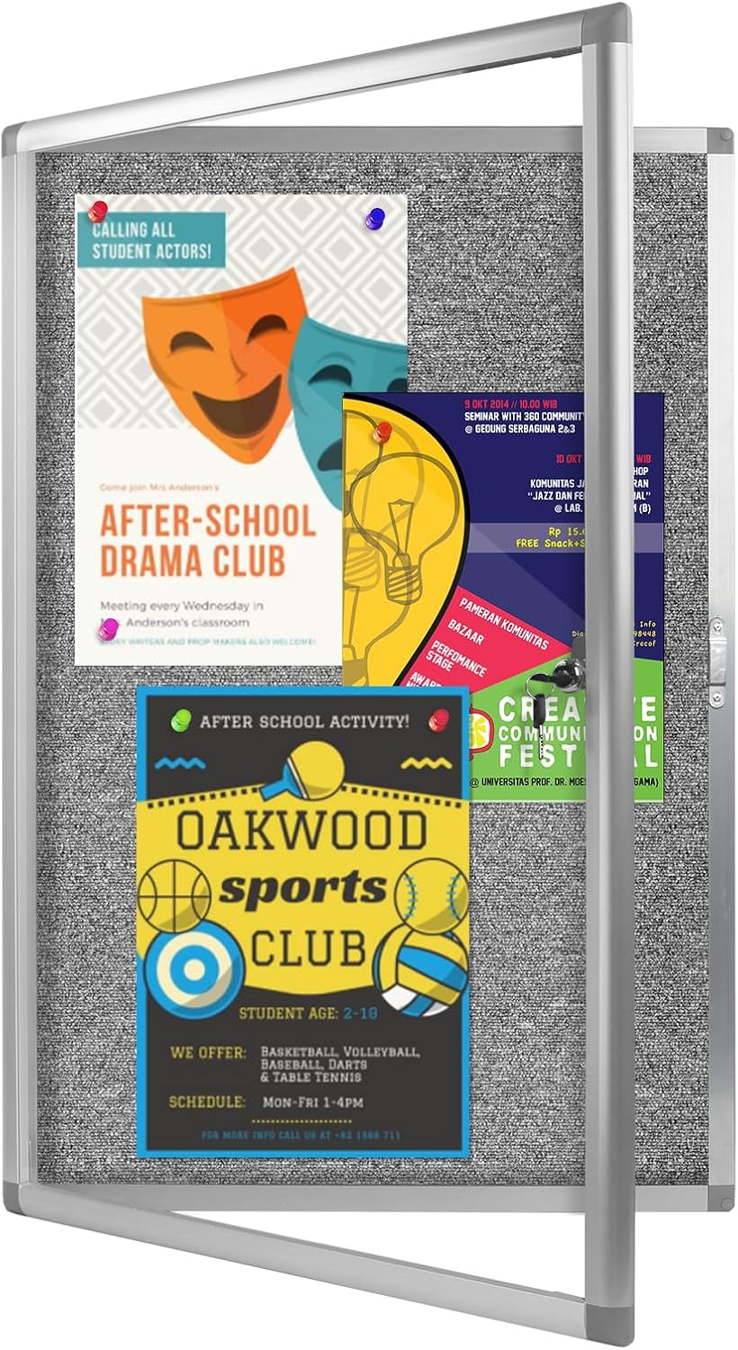 Enclosed Bulletin Board,Outdoor Weatherproof, Display Case Message Board with Acrylic Locking Door, Felt Grey,Aluminum Frame,36x24 Inch (5xA4) Silver Frame & Grey Felt 36x24 in