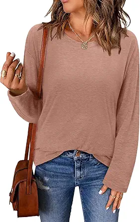 ONLYSHE Women's Casual Striped Long Sleeve Tops Crew Neck Knit Basic Loose Fit T Shirts Fall Fashion Tunic Outfits
