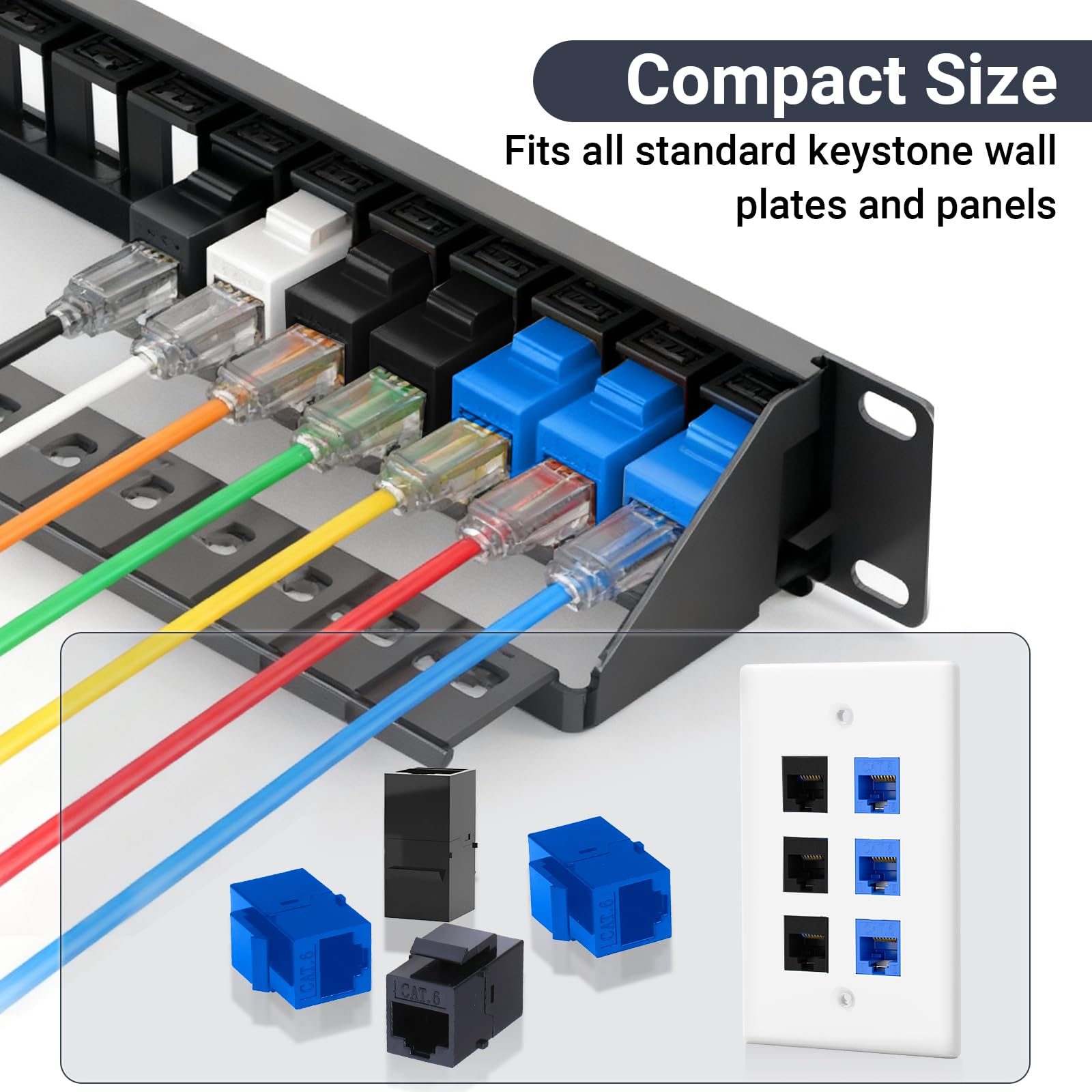 Cat6 RJ45 Keystone łącznik 25 sztuk, łącznik Ethernet żeński do żeńskiego, przedłużacz kabla Ethernet UTP Inline Cat6 Keystone gniazda do płyt ściennych i paneli krosowych, czarny