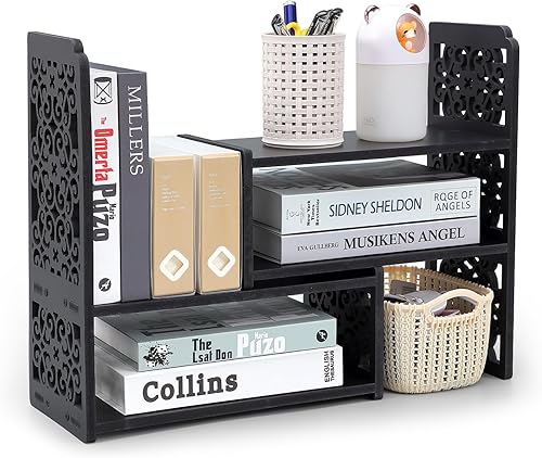 EARTHSON Estante organizador de escritorio, estantería expandible para escritorio, estantería de escritorio pequeña, mini estantes ajustables para