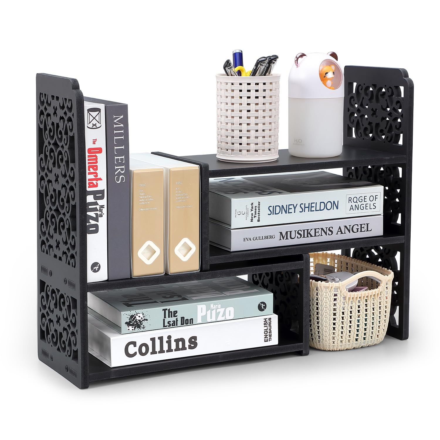 EARTHSON Desk Organizer Shelf, Expandable Bookshelf for Desk, Small Desktop Bookshelf, Mini Cute Adjustable Office Desk Shelves, Black