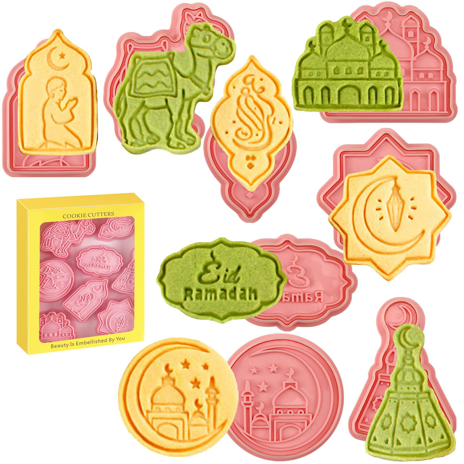 Cookie Cutters, 8Pcs Eid Mubarak Cookie Cutters Set, 3D Ramadan Islamic Muslim Cookie Stamp Biscuit Cutters, DIY Biscuit Press Stamp Molds, Biscuit Embossing Fondant Baking Tool