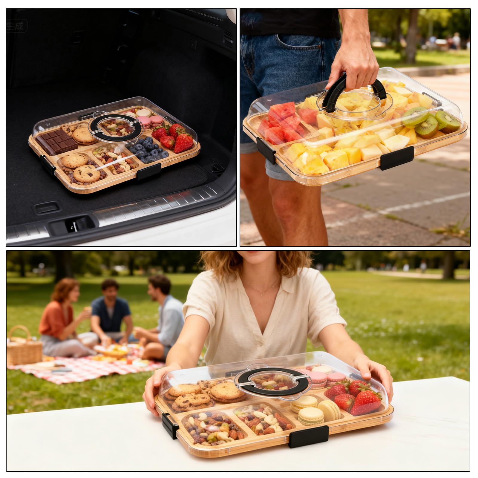 Planche à charcuterie avec couvercle – Planche à goûter portable avec 6 compartiments et couvercle transparent – Planche à fromage réversible pour pique-nique, fête et cuisine – Planche de service