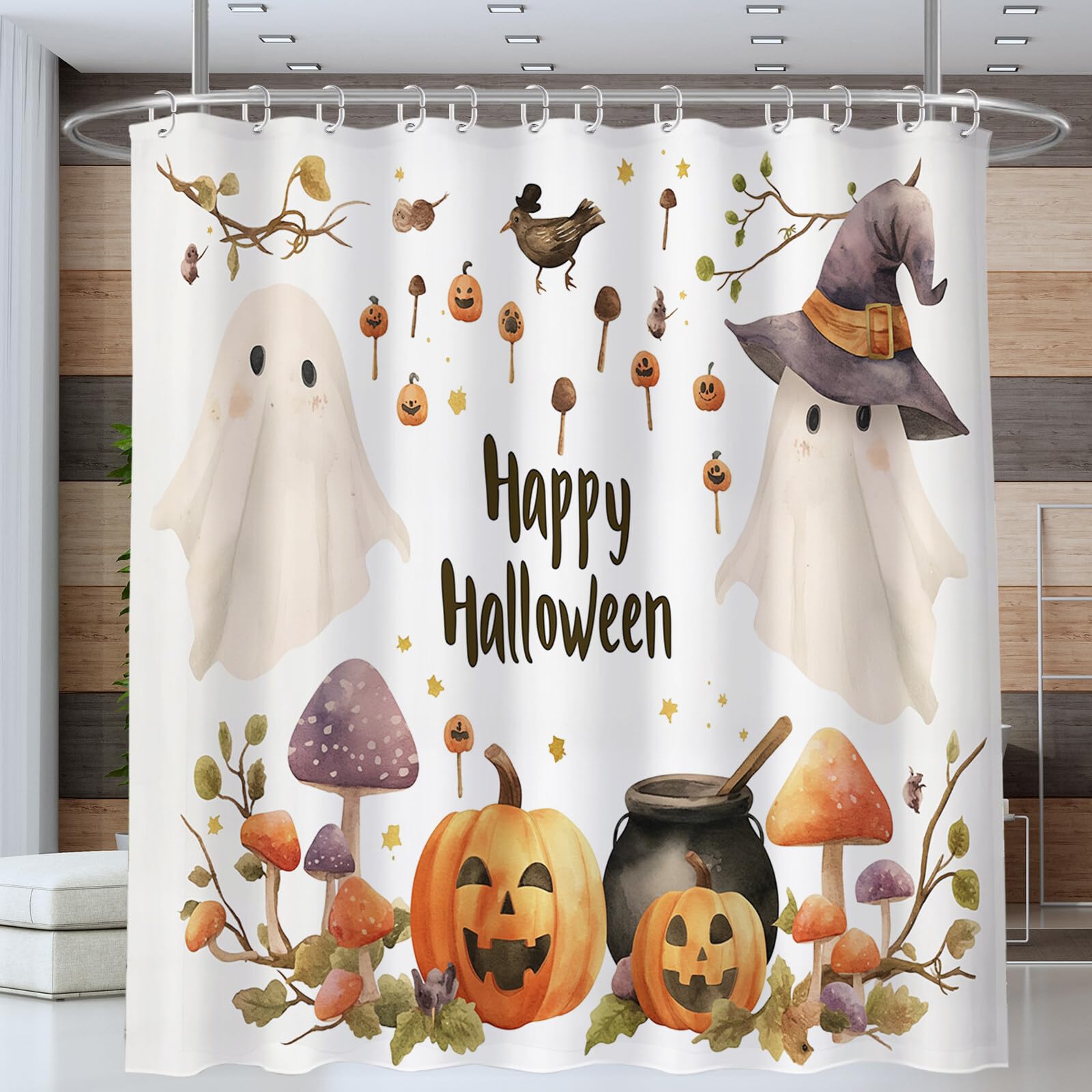 Duschvorhang Kürbispilz H240Xb200Cm | Retro Country Halloween Wasserdichter Stoff Maschinenwaschbarer Badezimmervorhang Mit Haken