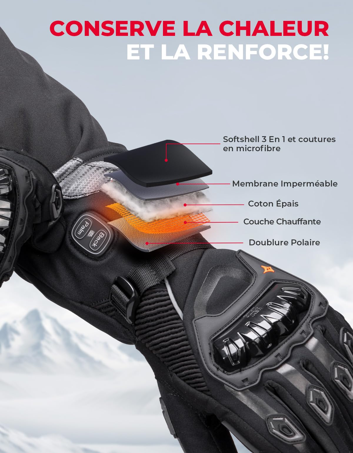 KEMIMOTO Gant Chauffant Motos, Double Zone de Chauffage Indépendantes, Rétention de Chaleur de -20℃ à -5℃, Imperméables et 3 Modes de Chauffage, Batterie 3000 mAh, Résistants à l'usure