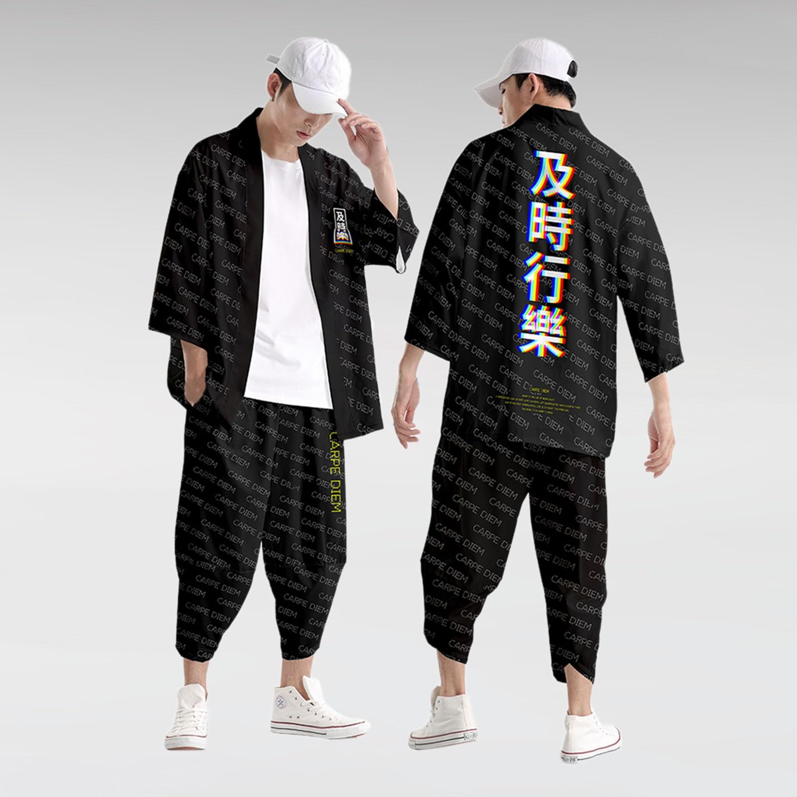 Conjunto de kimono para hombre, estampado japonés, cárdigan de manga 3/4, chaqueta y pantalón sueltos de dos piezas, trajes de verano tradicionales, albornoz tradicional, pantalones harén