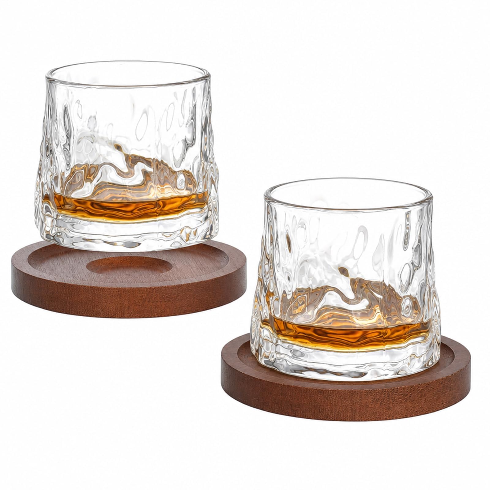 Obrotowe szklanki do whisky 180 ml, zestaw 2 szt. z podstawkami, szkło obrotowe o wysokiej przejrzystości, młotkowany wzór, do whisky, rumu, bourbona, koniaku, prezent dla mężczyzn