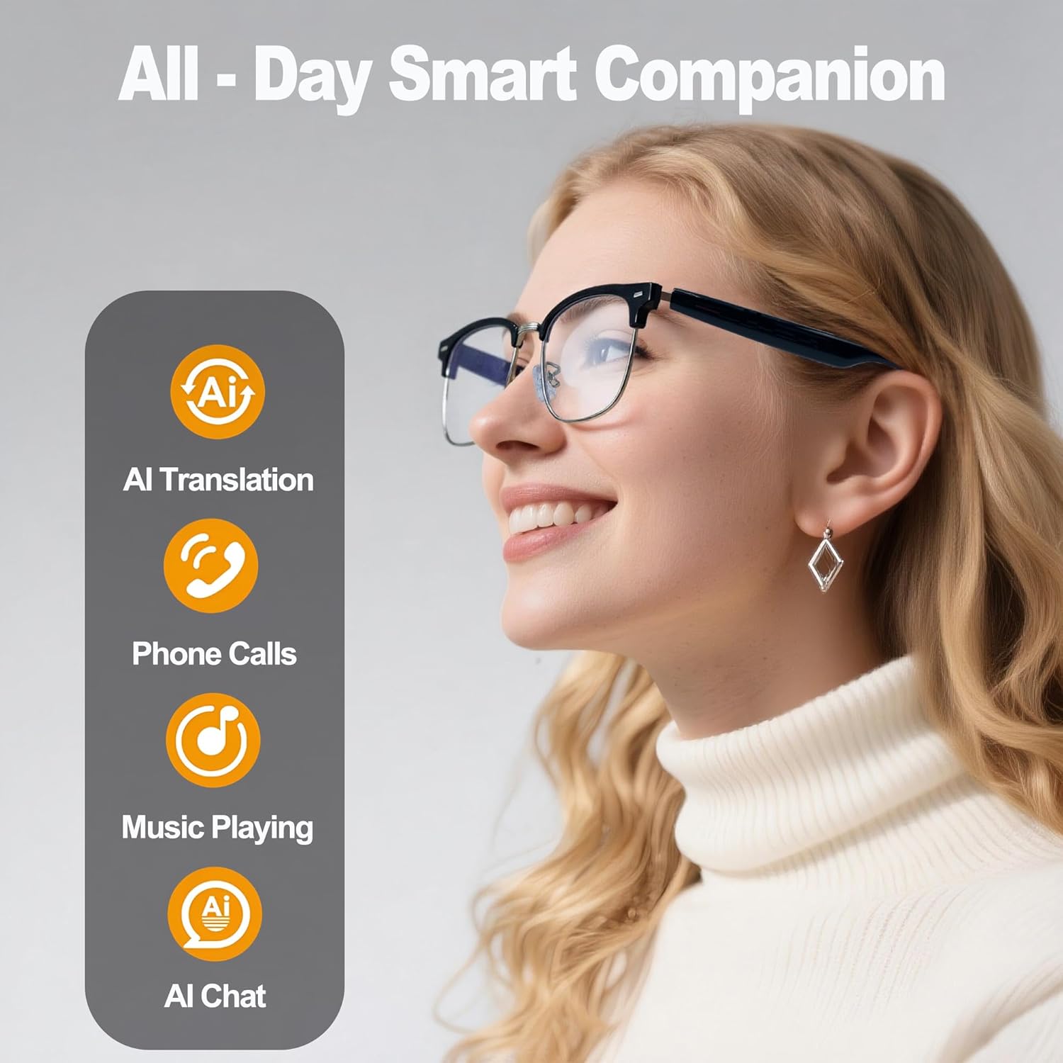 ai smart wireless bluetooth translation glasses for men/women with speakers/bluetooth&140+ languages translation sports/travel/drive/busniess (e8+ai+color change lenses+silver)