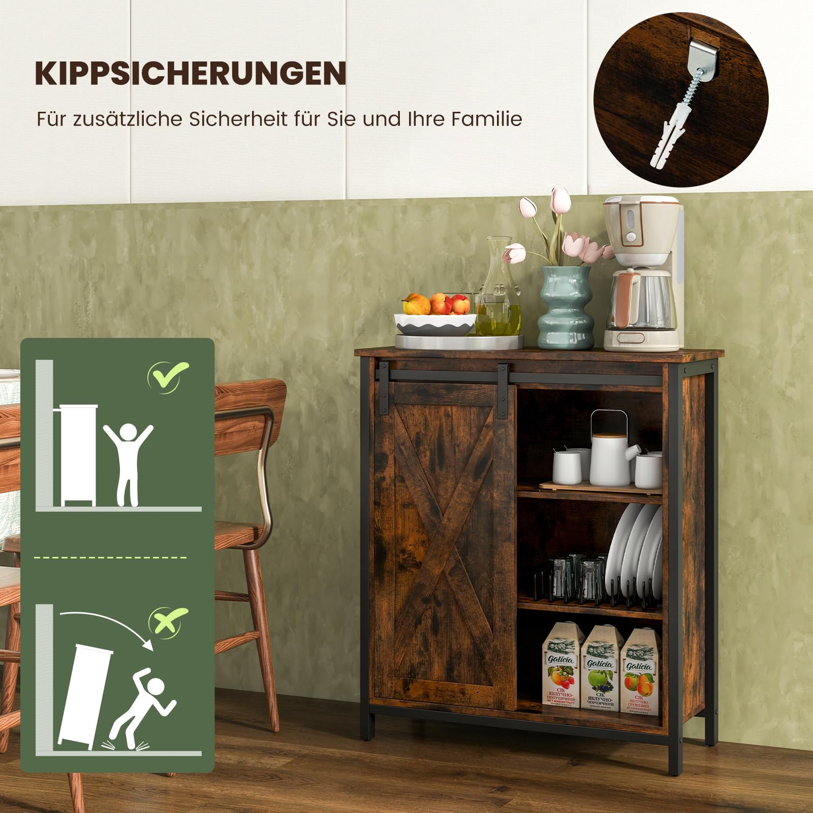 COSTWAY kredens, szafka kuchenna w stylu industrialnym z drzwiami przesuwnymi i 3-stopniowo regulowanymi półkami, komoda drewniana do kuchni, jadalni, salonu lub korytarza, 70 x 30 x 81 cm, brązowy