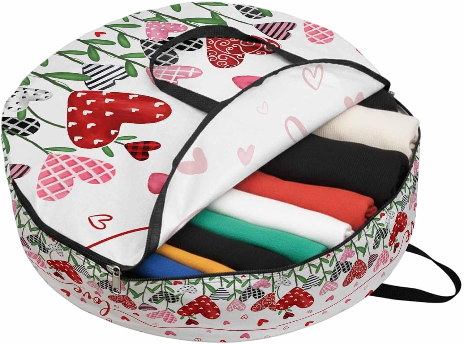 Valentine's Day Round Storage Bag 36 Inch, White Love Heart Plaid Flowers Clothes Storage Container with Handles Heavy Duty Organizer for Comforter, Bedding & Holiday Wreaths