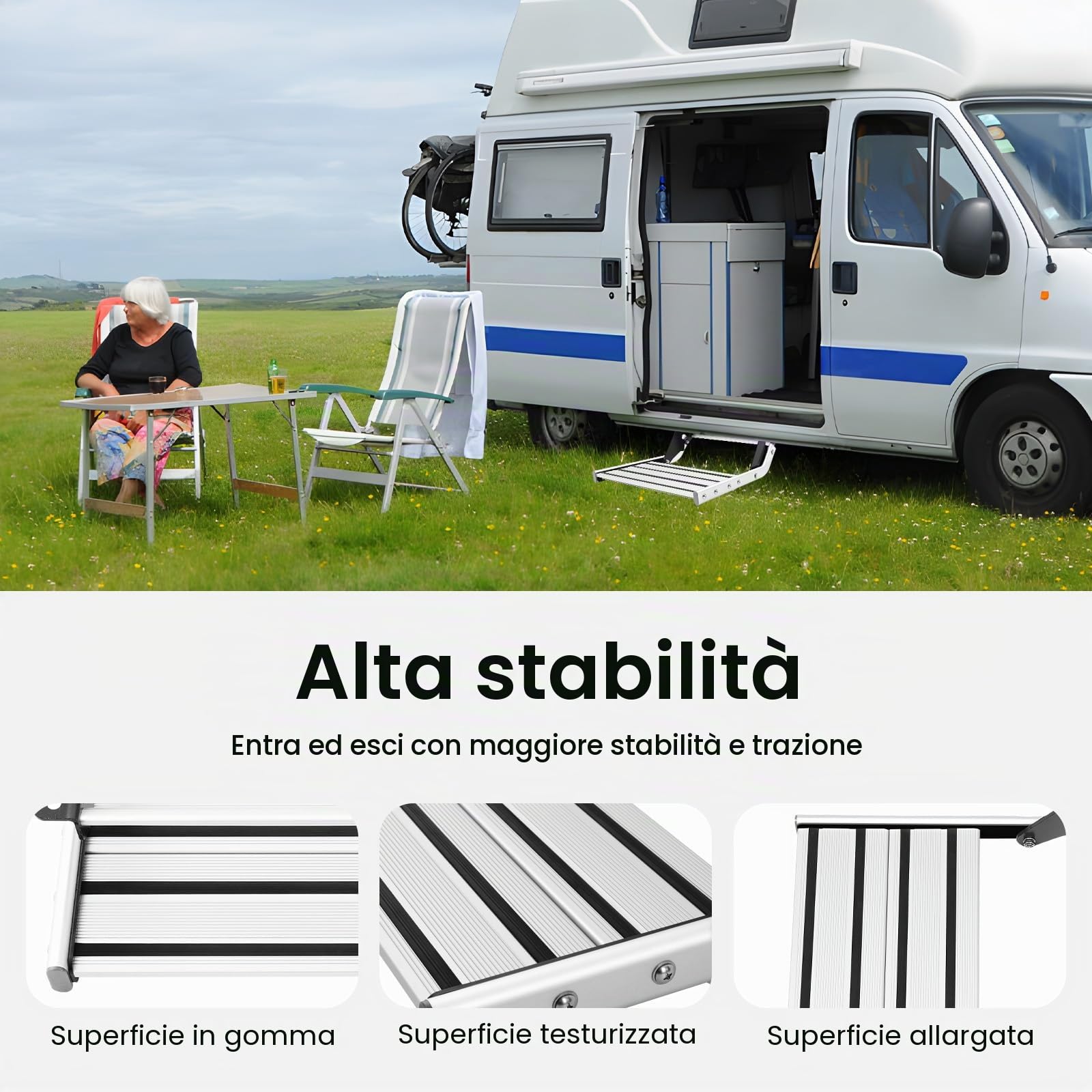 Trittstufe in Lega di Alluminio per Camper - Trittstufe Manuale Pieghevole da 55cm con Profilo Antiscivolo & Capacità di Carico 150kg, Ingresso RV per Roulotte/Camper (Argento/Nero)