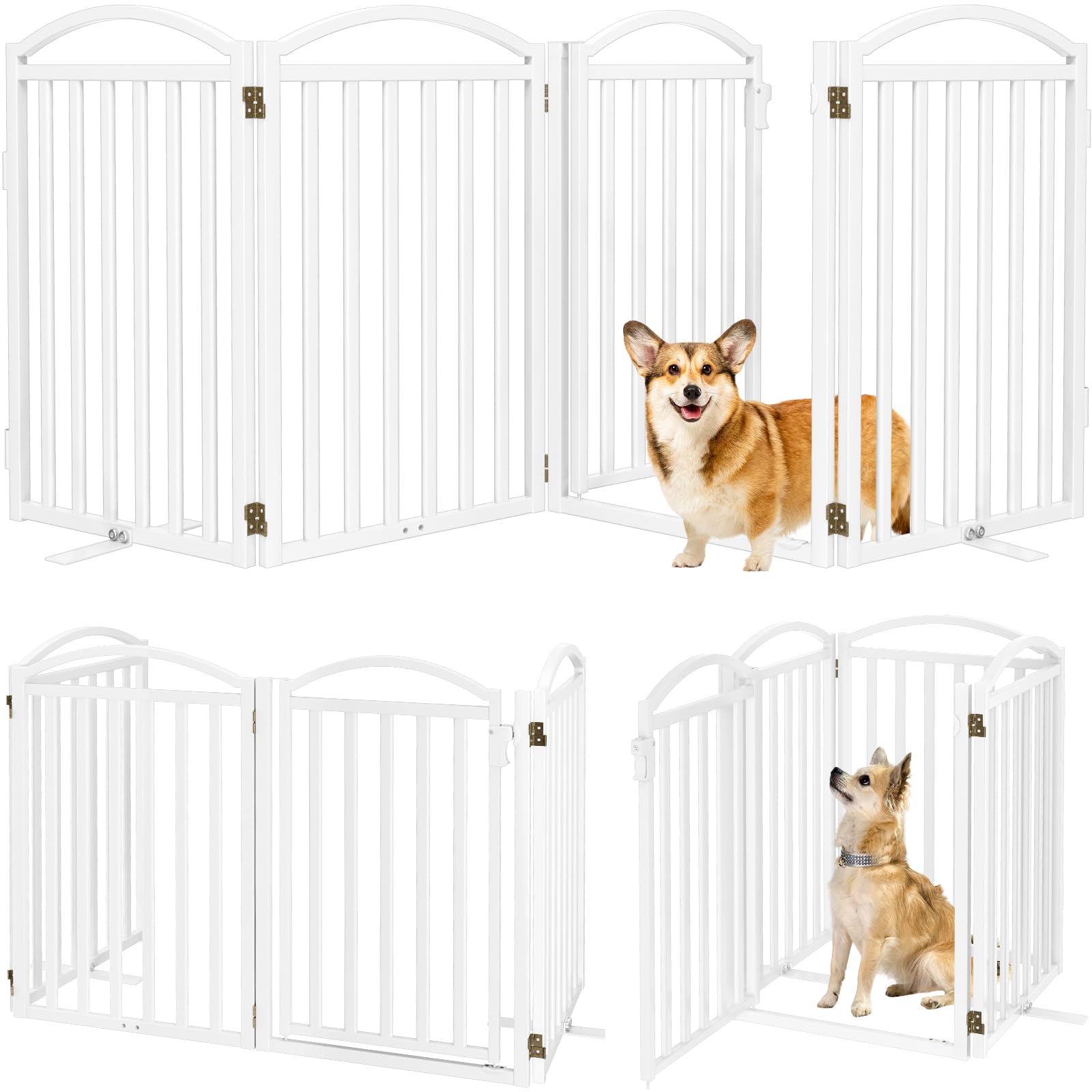 Condition photo showing New/Like New for Malier Metal Freestanding Dog Gates with Door, 32'' Height Outdoor Indoor Dog Fences, Extra Wide Foldable Puppy Gate for Stairs (White, 4 Panels with Door 80''W × 32''H)