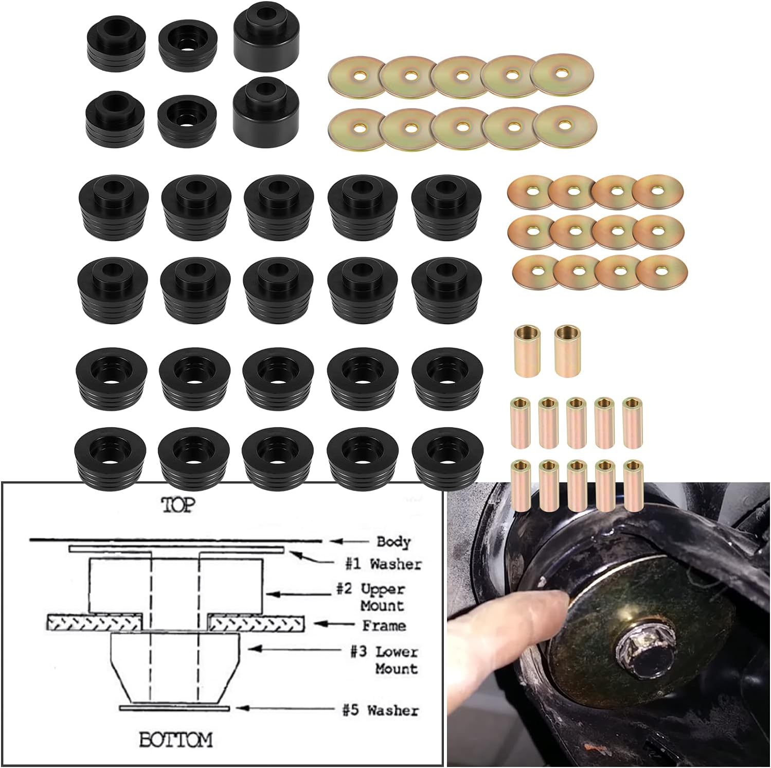 Bonbo 7-132 Body Mount Bushing Kit for 1978-1988 Buick Regal/Chevy Malibu, El Camino, Monte Carlo/Olds Cutlass/Pontiac Bonneville, Grand Prix (Black 62 Pcs)