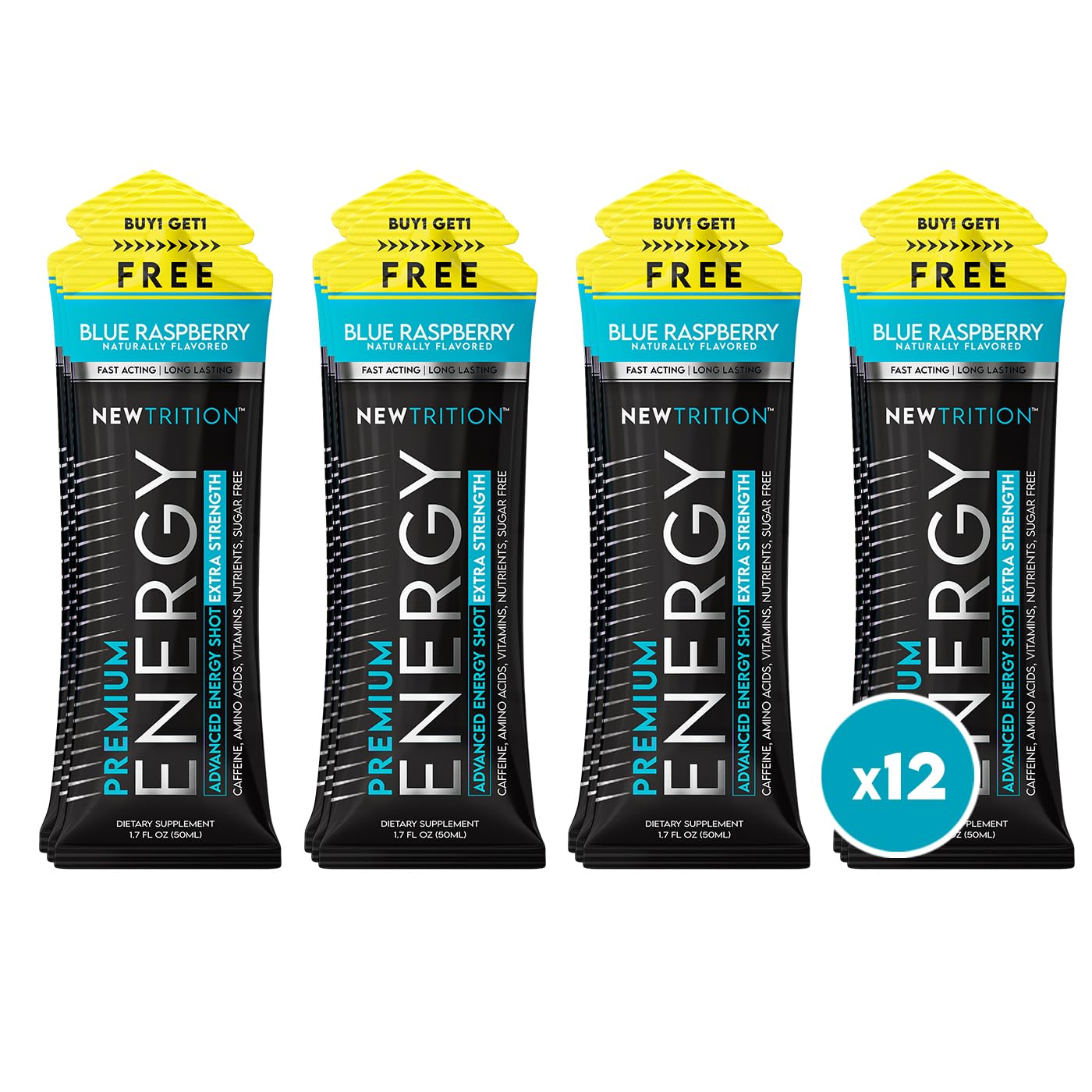 NewTrition® Extra Strength Energy Shots, 1.7 fl oz - 250mg Caffeine with Vitamin B & Amino Acids, Sugar-Free, Zero Calorie Vitamin Energy Drink for Focus & Endurance (Pack of 12, Blue Raspberry)