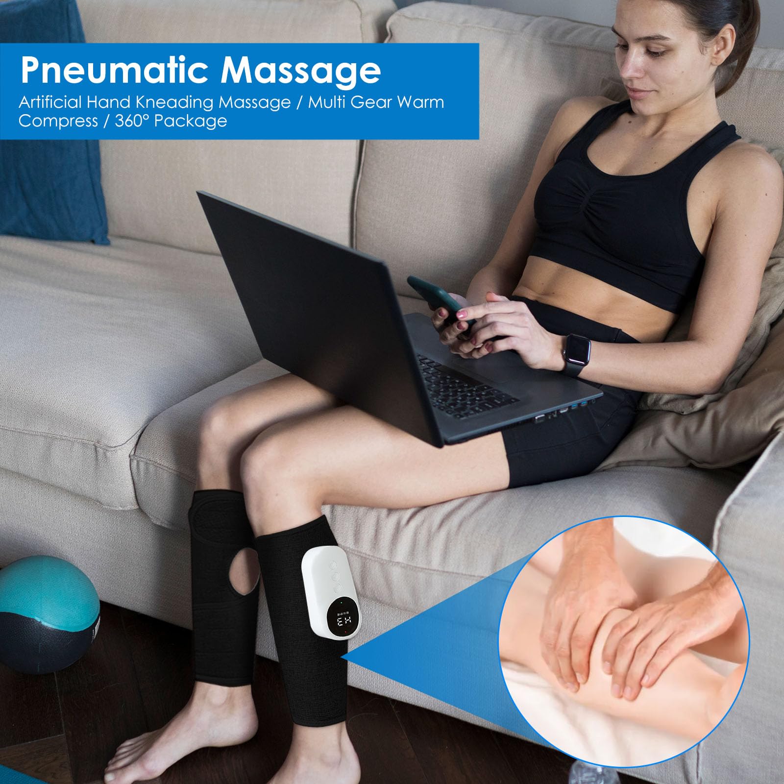 Masseur de mollet sans fil avec chaleur, masseur de jambes pour la douleur et la circulation avec 3 modes et 3 intensités, booster de circulation réactive pour les jambes, rechargeable de type C,