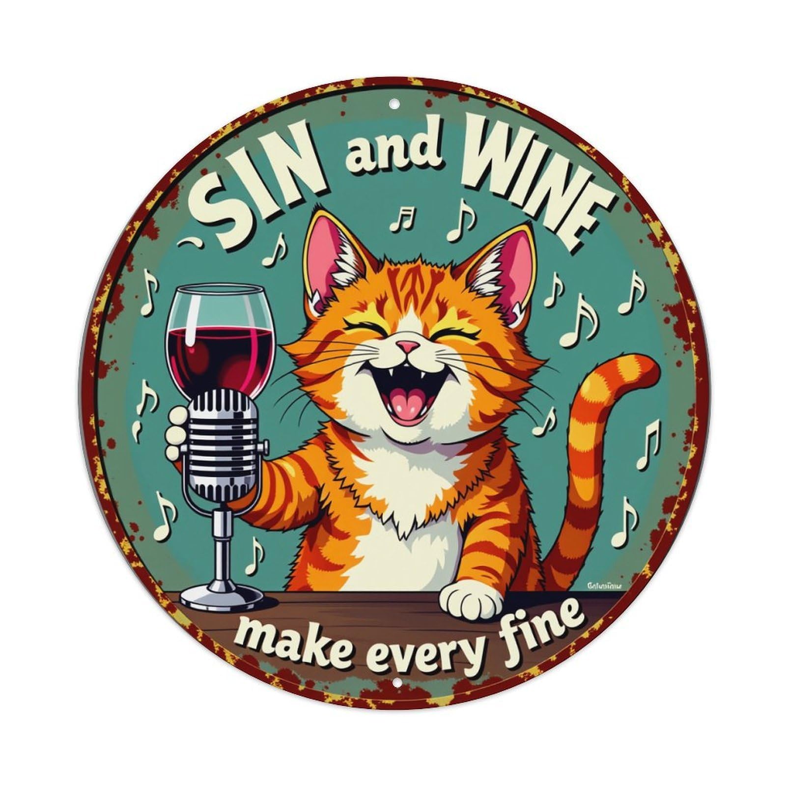 Cat Wine Microphone Music Notes Round Tin Sign Vintage Metal Poster, Home Bar Garage Man Cave Cafe Indoor & Outdoor Wall Decoration 8x8Inches