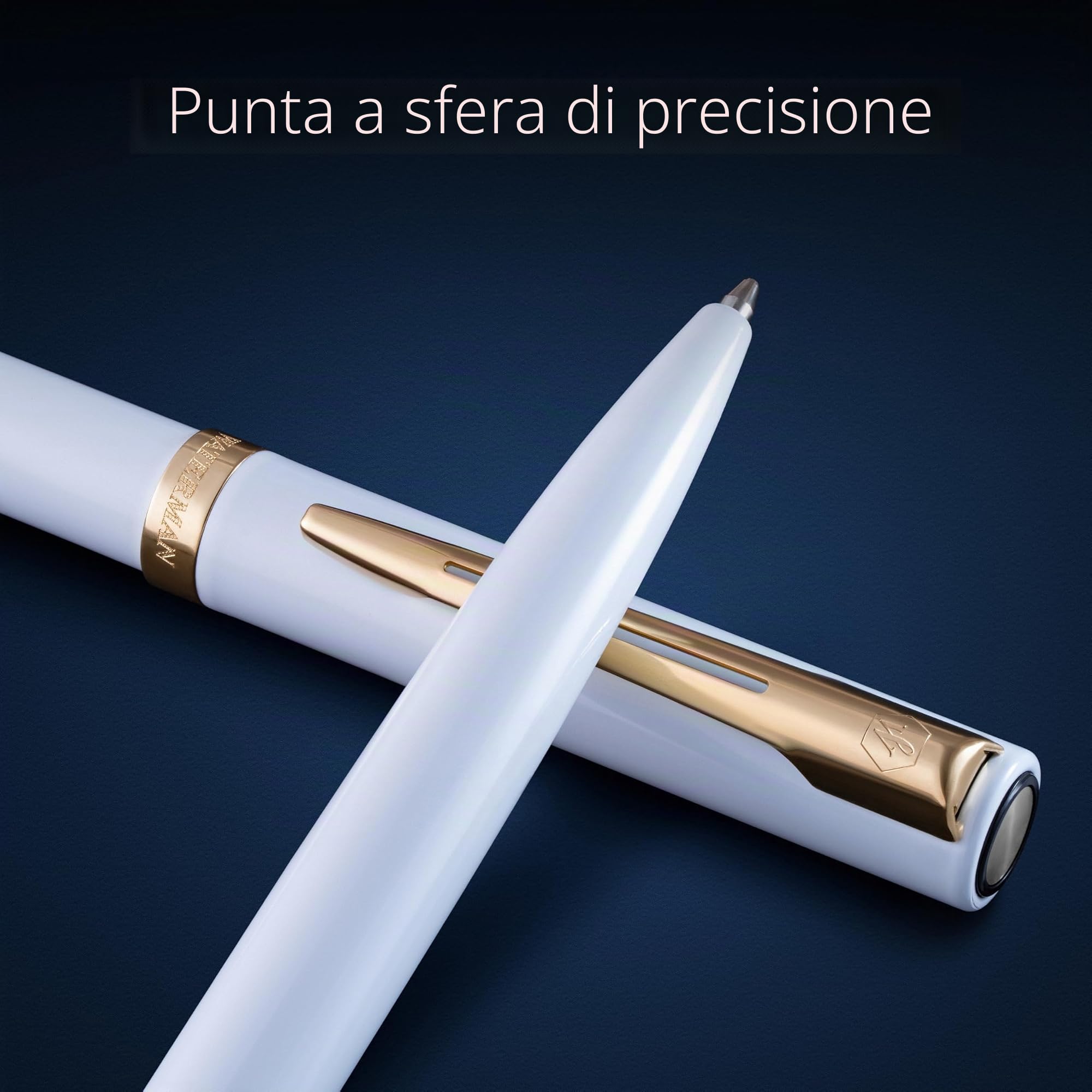 Waterman Impression Penna a sfera | Punta media con ricarica inchiostro blu | Lacca bianca con finiture placcate in oro | Confezione regalo