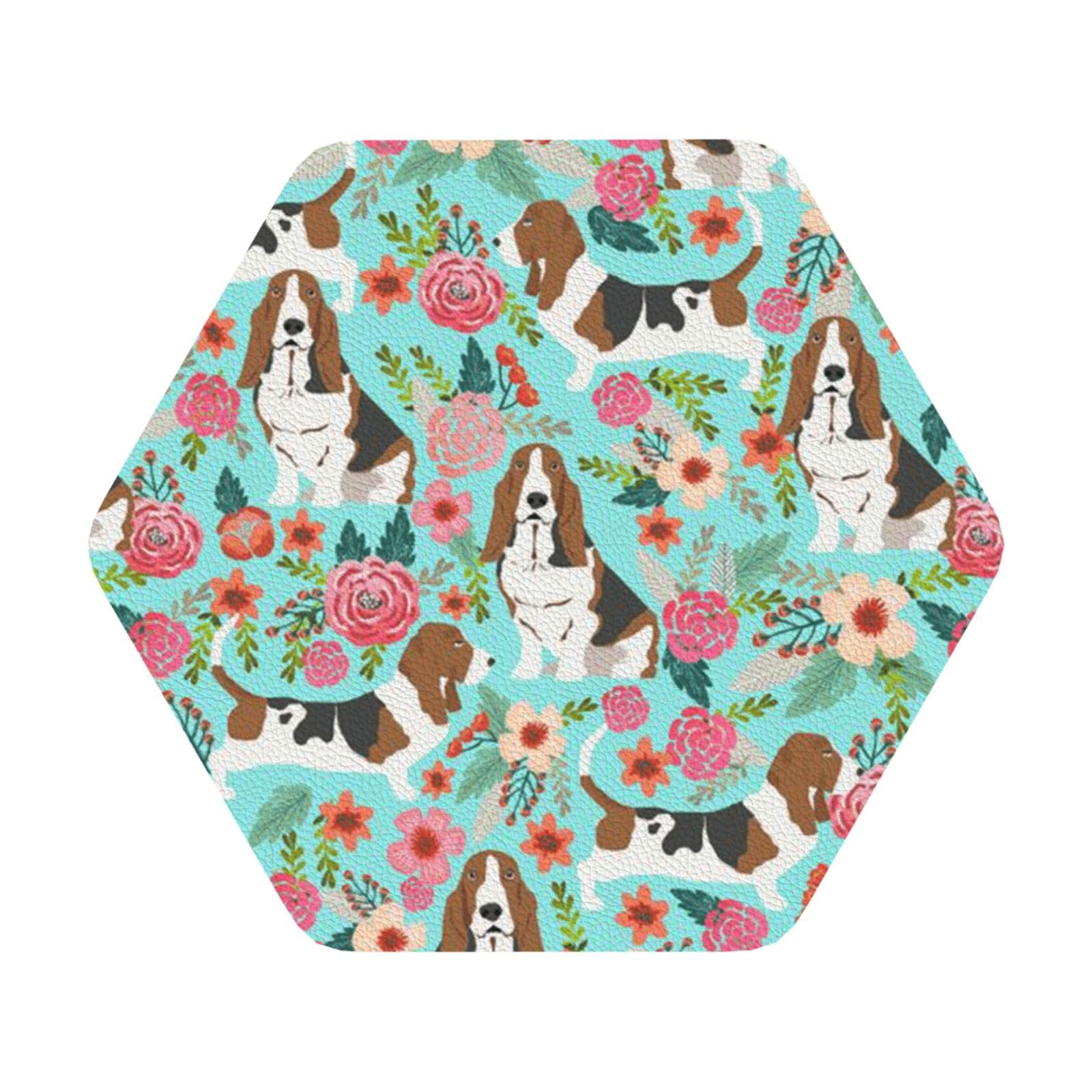 Sweet Basset Hound Florals PU Leather Coasters Set of 6 Hexagon Drink Coasters