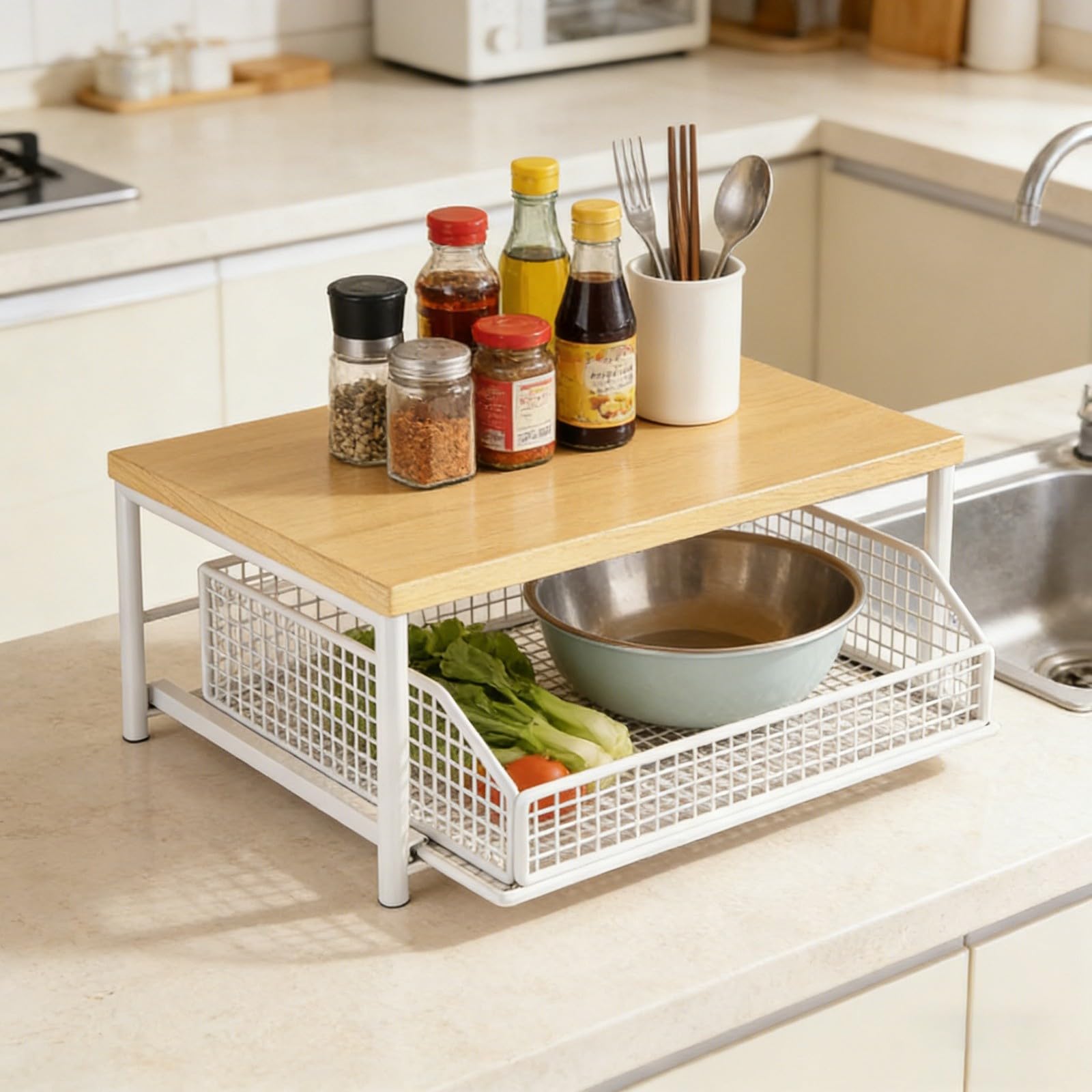 Organizzatore da bancone da cucina con cassetto e cestino | Mensola a 2 livelli per caffettiera, microonde, tostapane e spezie | Soluzione salvaspazio per bancone, dispensa (bianco)