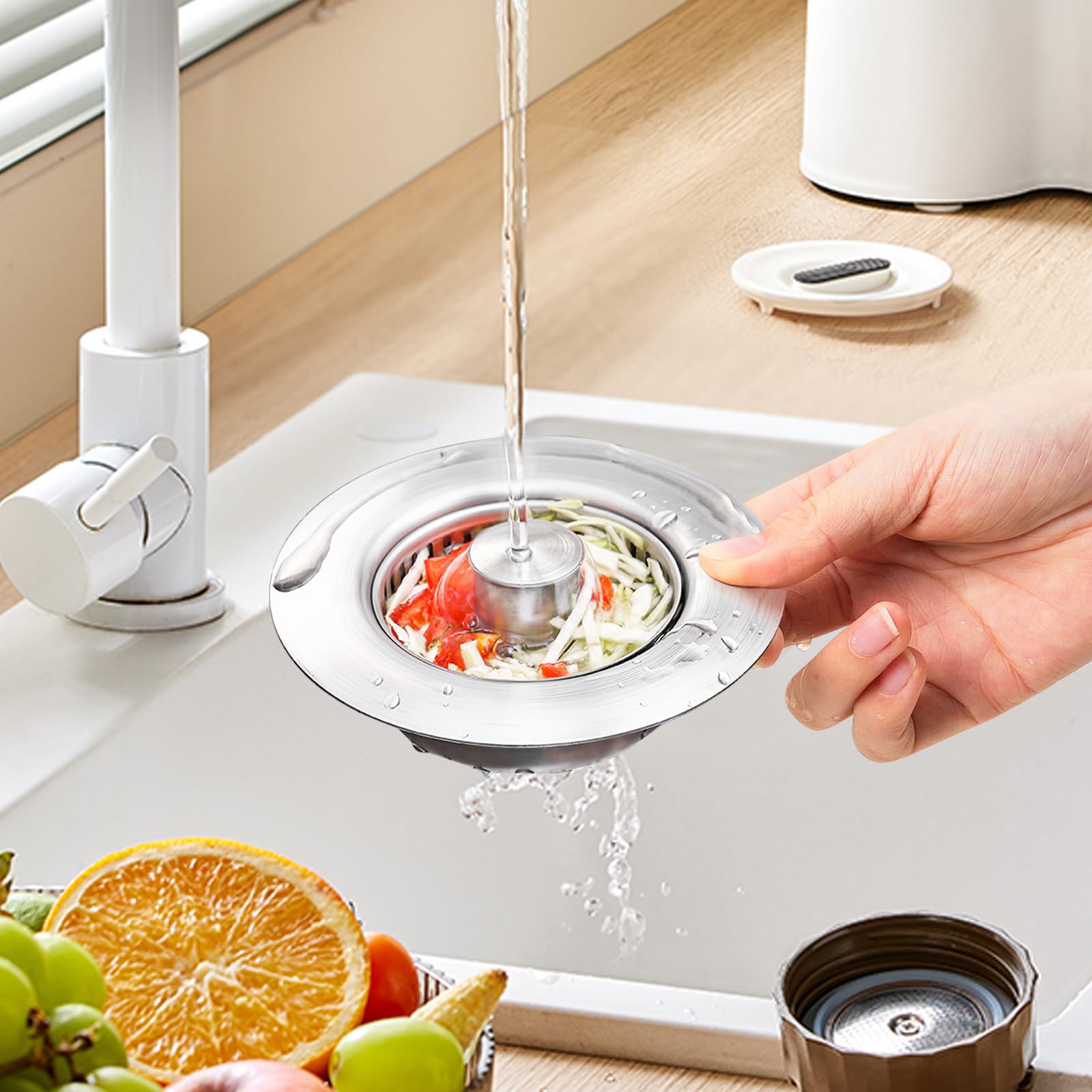 3 en 1 Tapon Fregadero Cocina de Acero Inoxidable, Tapón Fregadero Cesta Universal, Tapón Desague Fregaderos con Filtro, con Orificio de 75-86 mm
